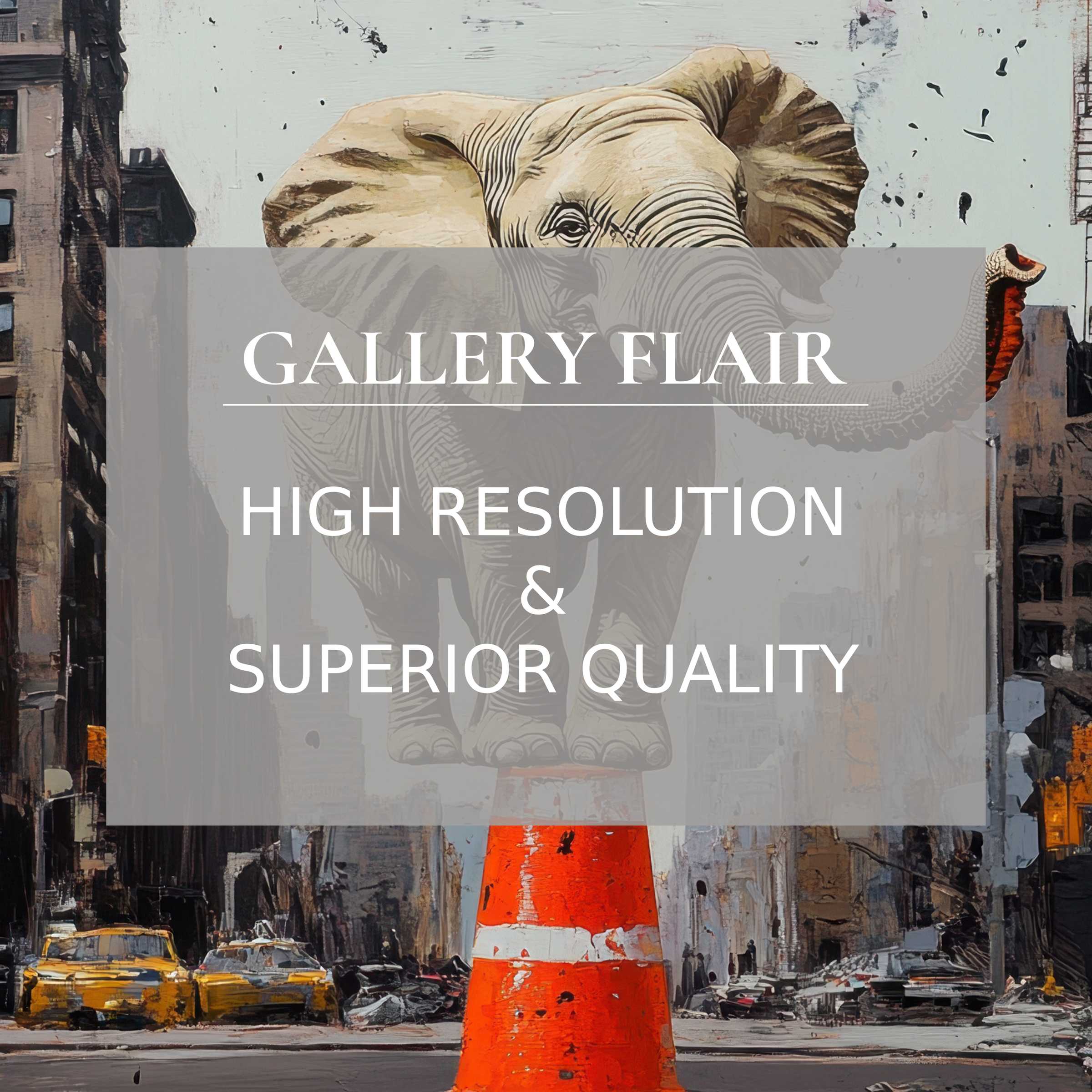 Bold street art printable art featuring a detailed elephant balancing on a vibrant traffic cone, adding dynamic, urban elegance to modern interiors