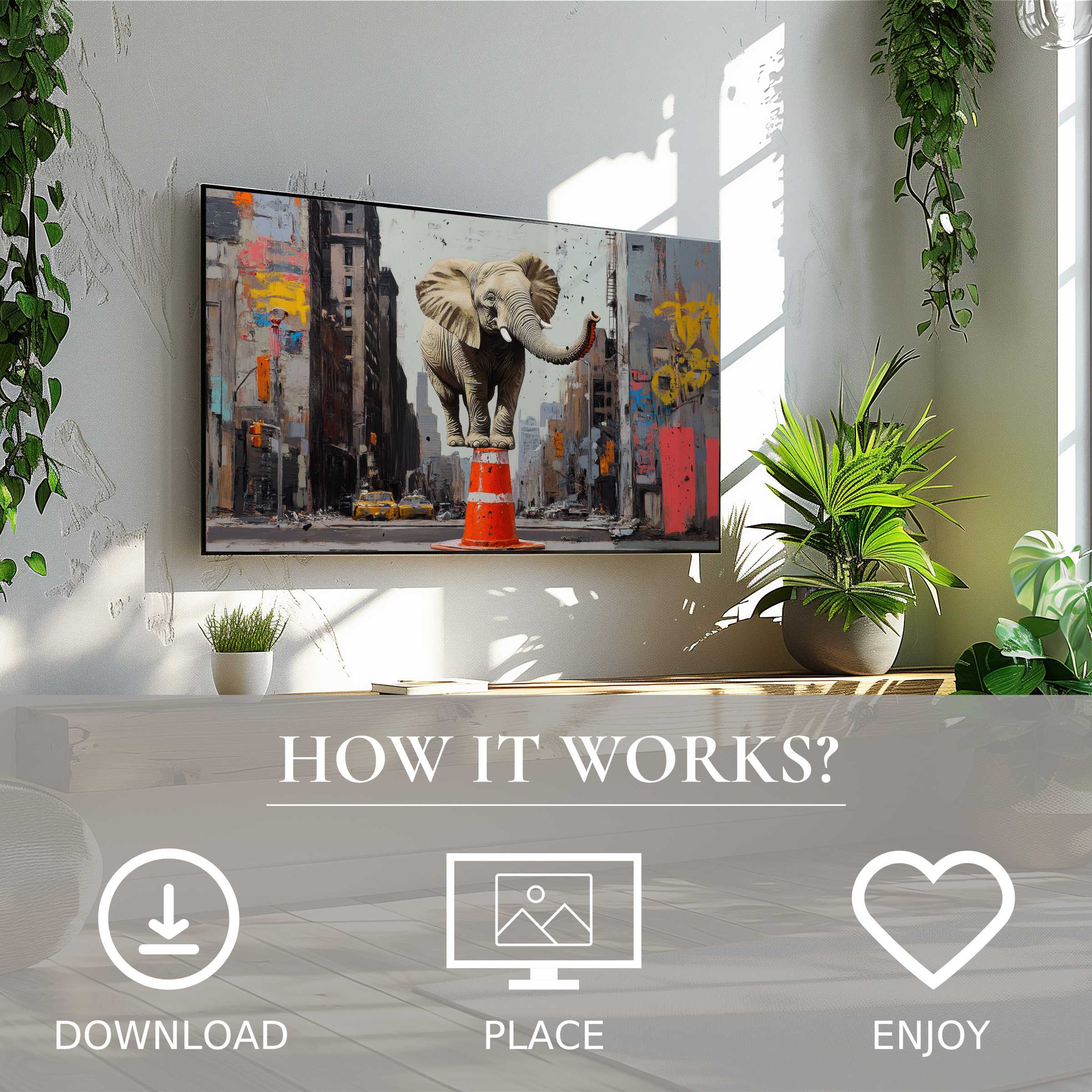 Modern living space with street art for Samsung TV showing playful elephant motif; easy digital download enriches decor