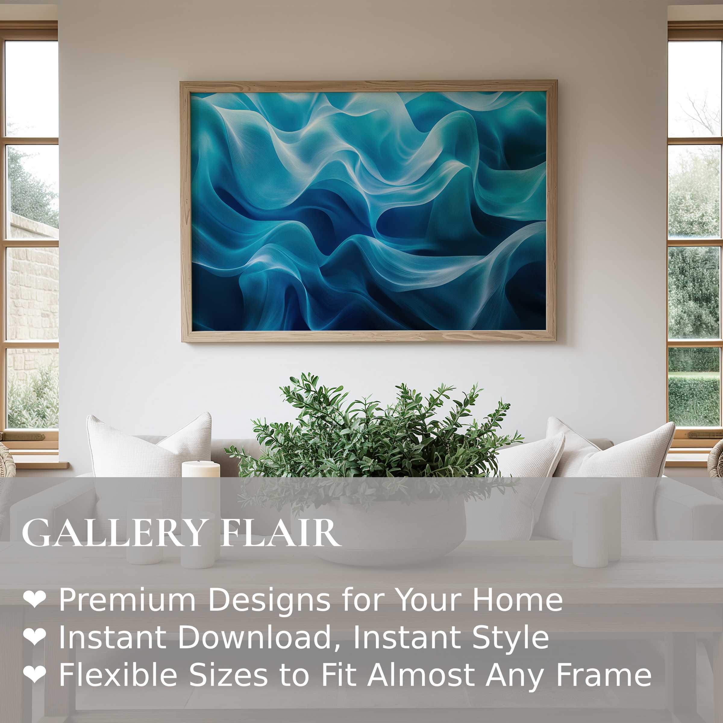 Abstract wall art print in deep blues and soft waves enhances this modern minimal living room with a radiant, calming ambiance