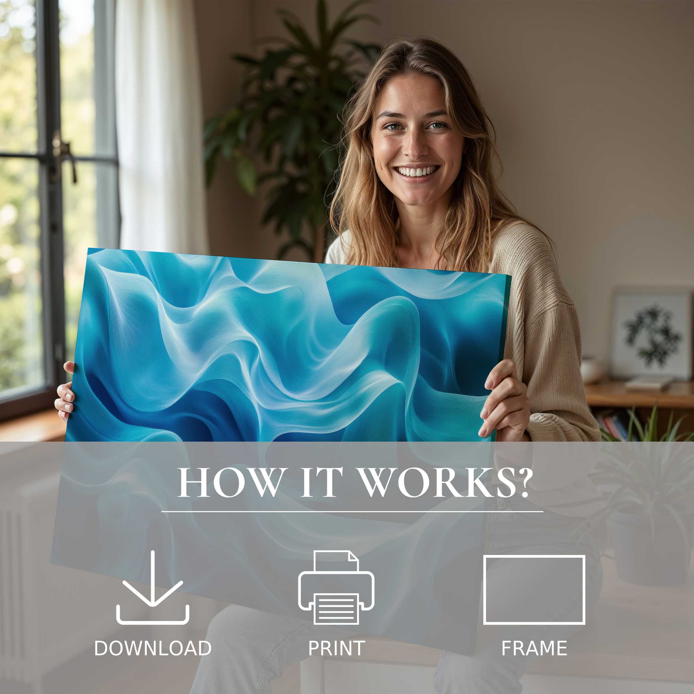 A radiant moment of connection and joy with abstract digital art print in soothing blue tones, elevating modern living spaces