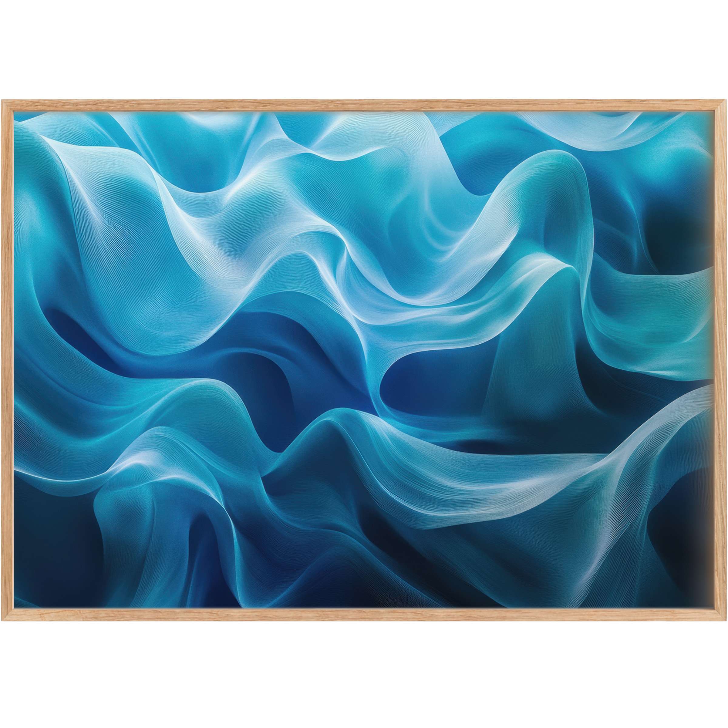 Elegant abstract printable wall art in flowing blues and grays evokes a serene, sophisticated, and calming interior ambiance