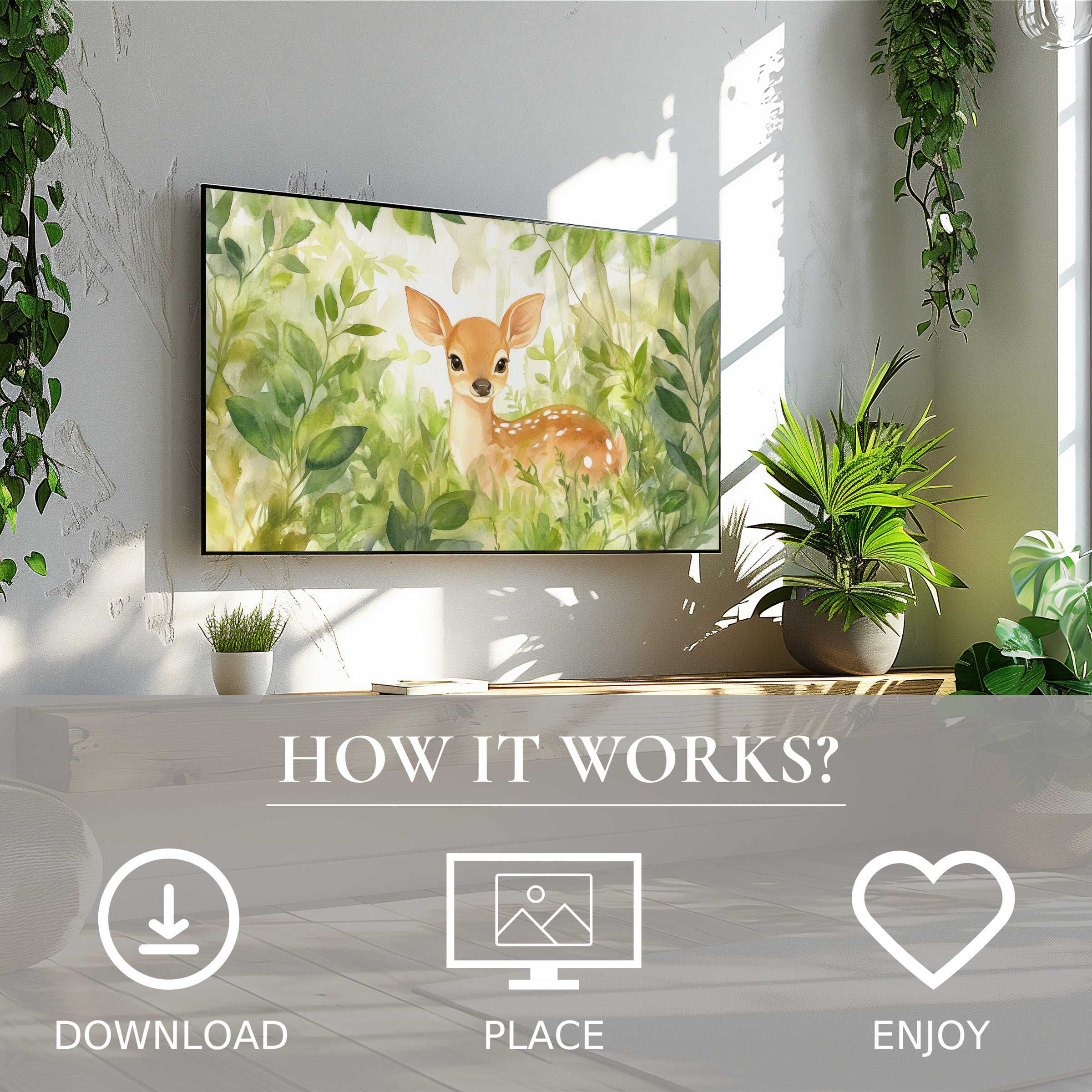 Nursery art for Samsung TV shows a soft fawn motif in green hues, easy digital download enriching bright, modern living spaces