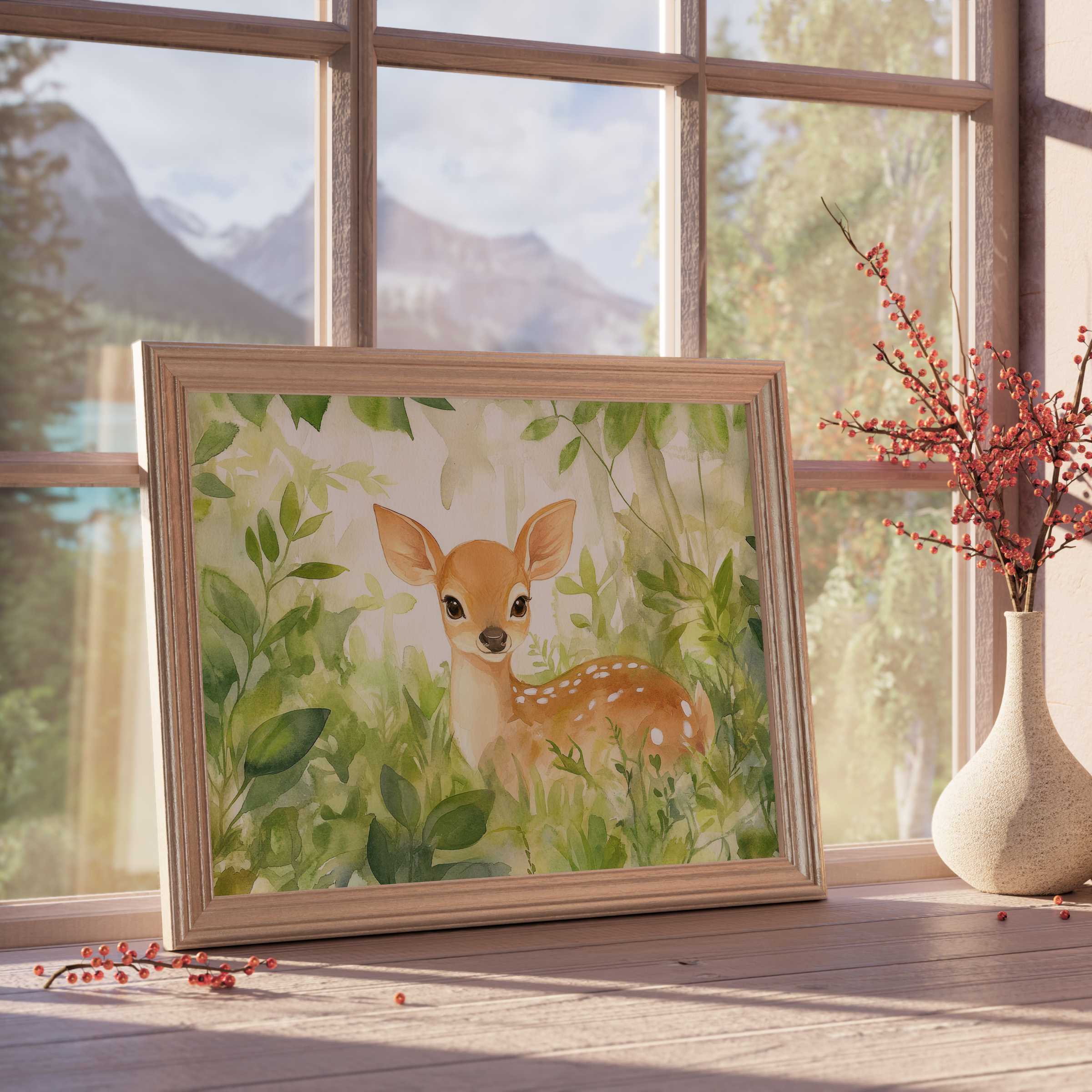 Nursery downloadable art featuring a serene fawn in lush greenery, perfect for elevating tranquil, nature-inspired nursery decor