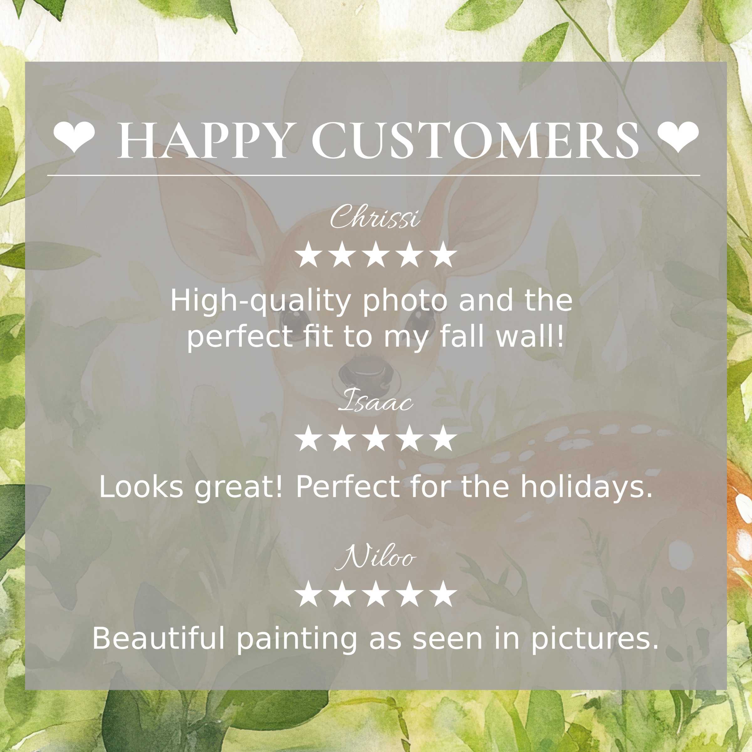 Nursery art for Frame TV with abstract leafy background, showing happy customer reviews for elegant trust-building display