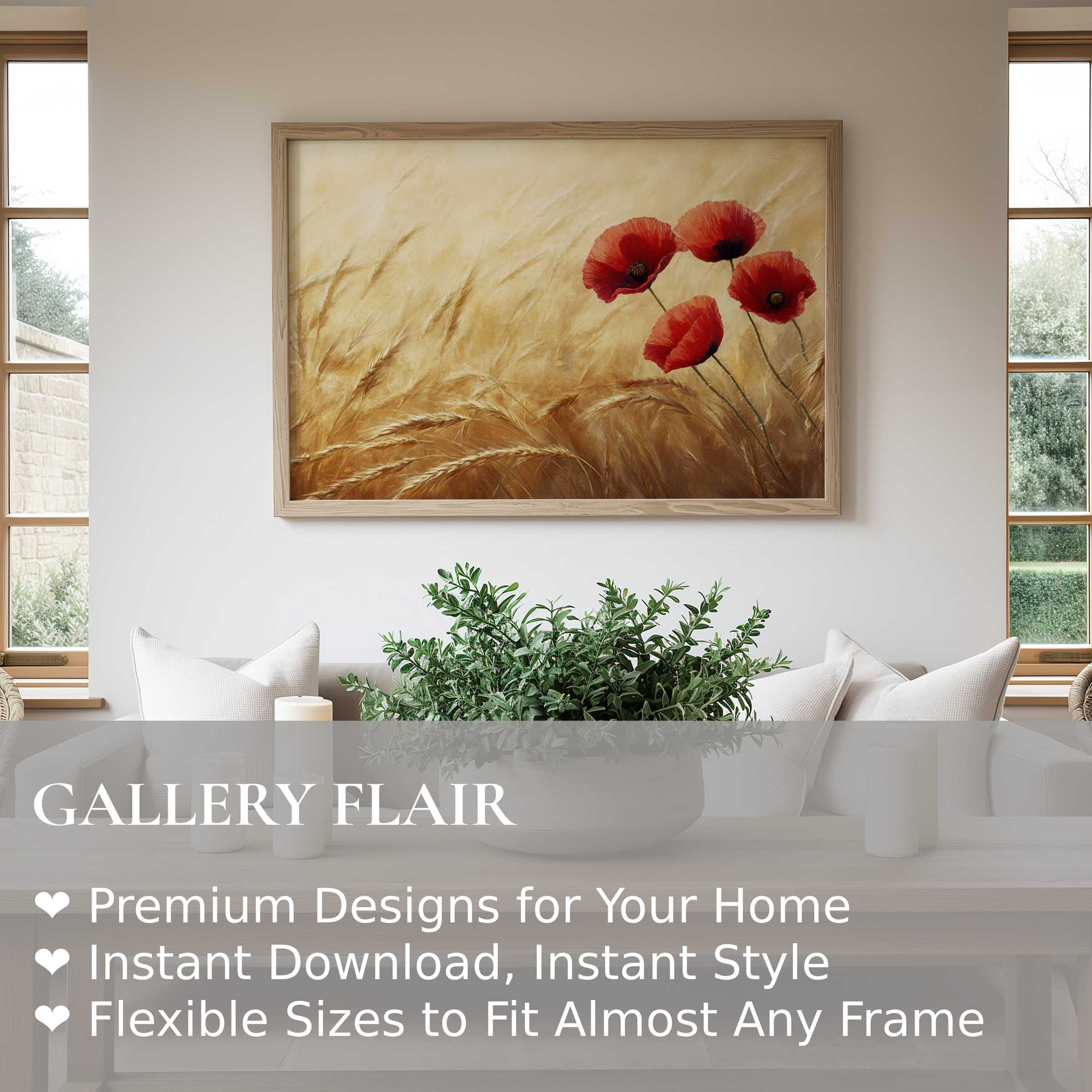 Radiant floral wall art print featuring bold red poppies amid golden wheat, enhancing a modern, serene living space