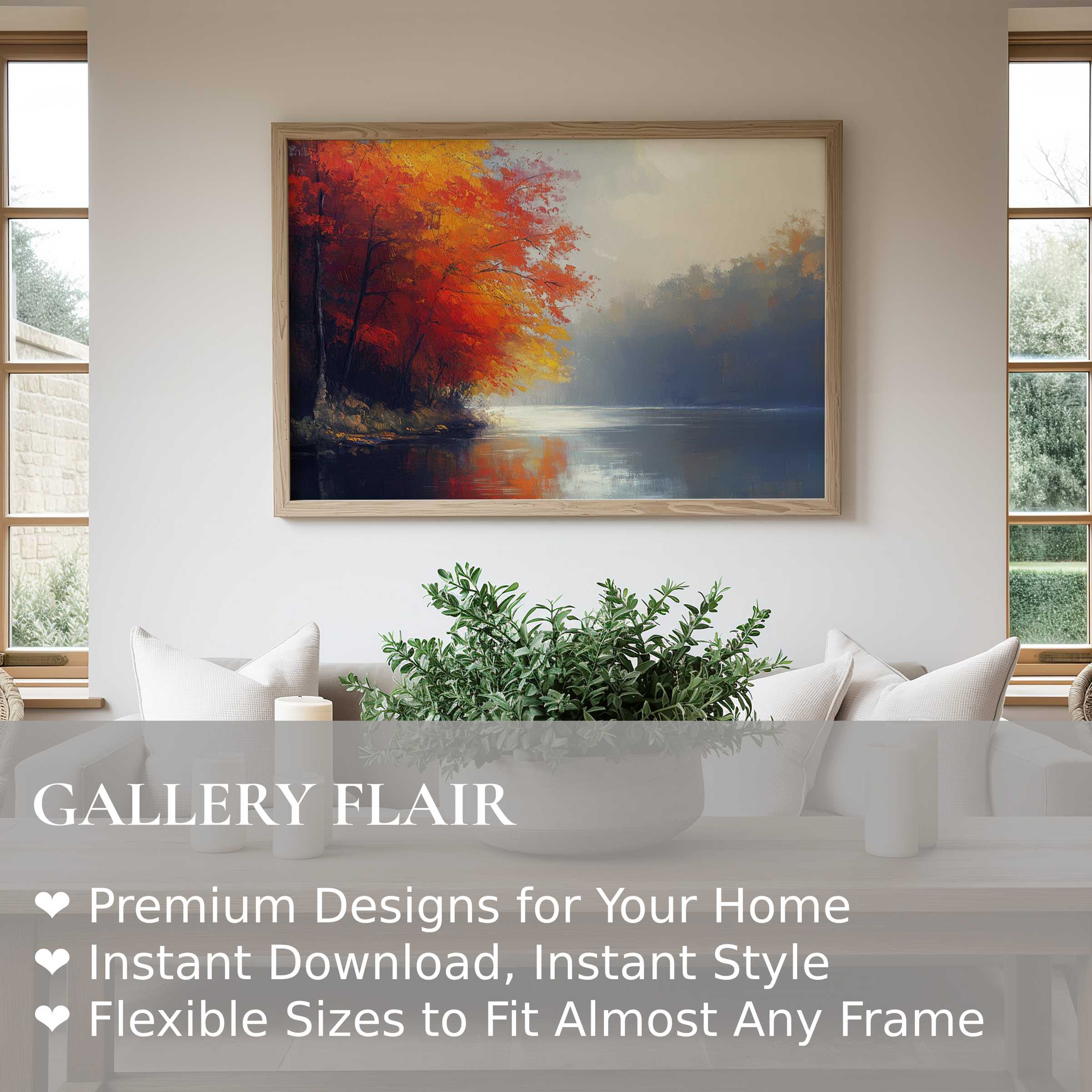 Bold tree wall art print featuring vibrant autumn foliage by a serene lake, enhancing modern minimalist interiors with warmth and tranquility