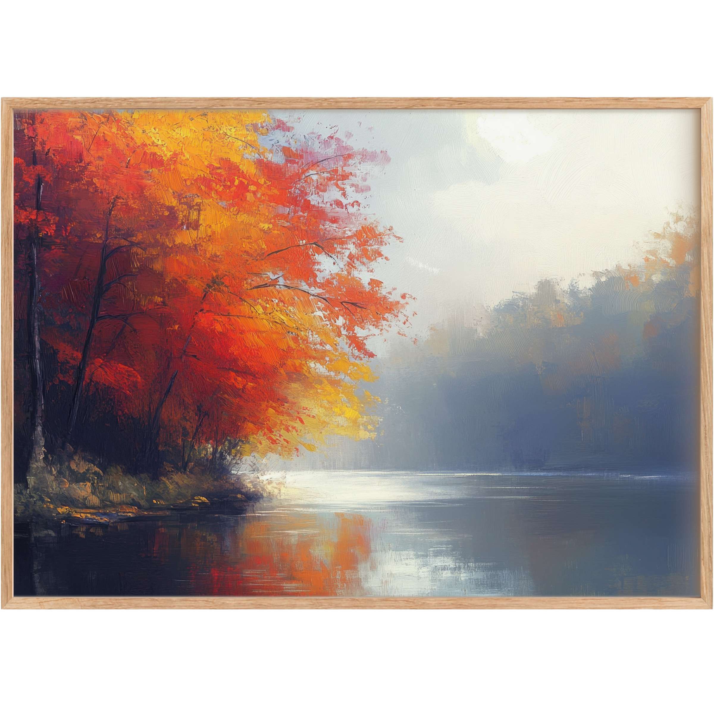 Vibrant tree printable wall art capturing serene autumn hues of fiery reds and golden yellows, creating a radiant, tranquil atmosphere