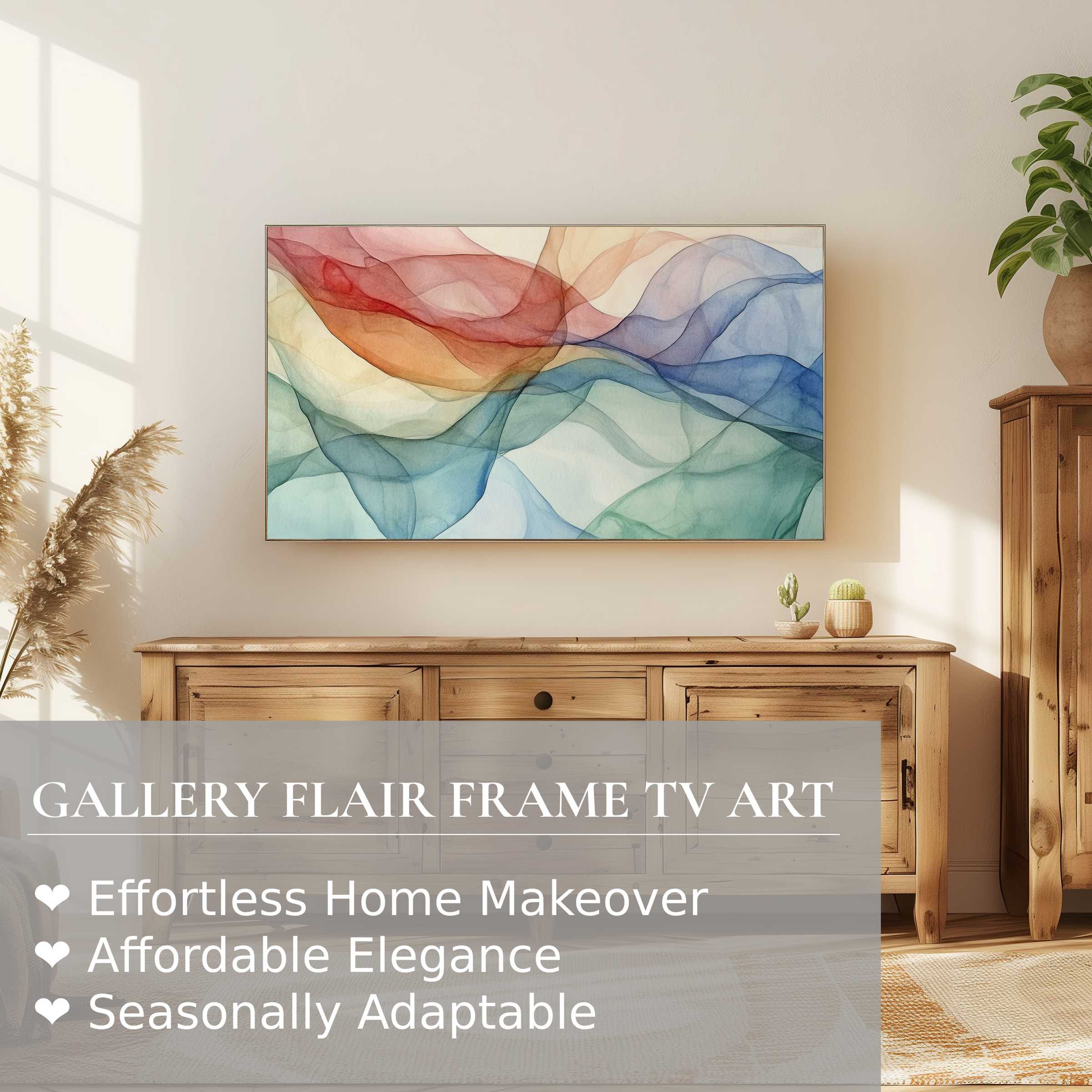 Samsung Frame TV in a serene setting with modern digital artwork of flowing translucent waves, perfect for refined decor