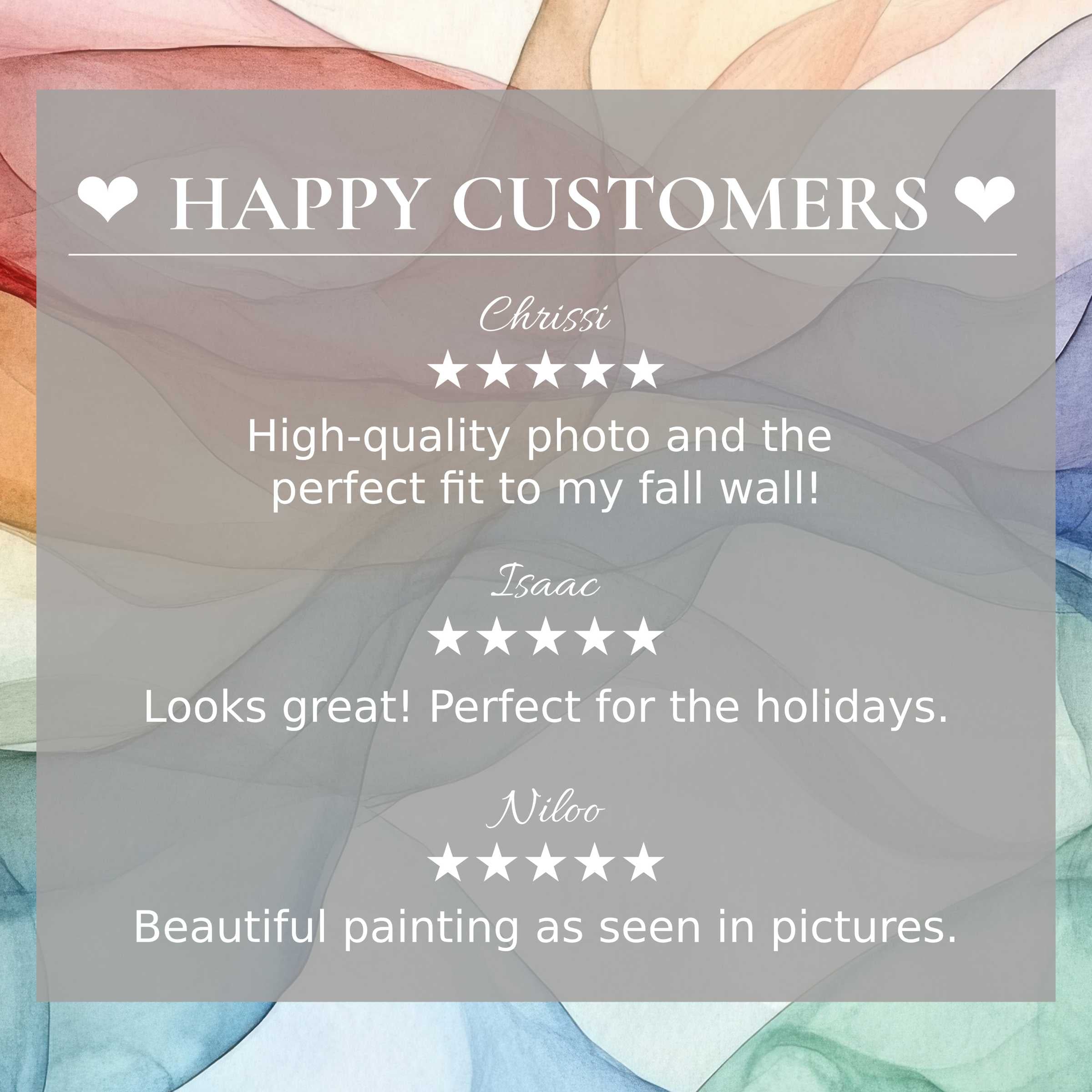 Refined layout with happy customer reviews and abstract sunset hues showcasing modern art for Frame TV