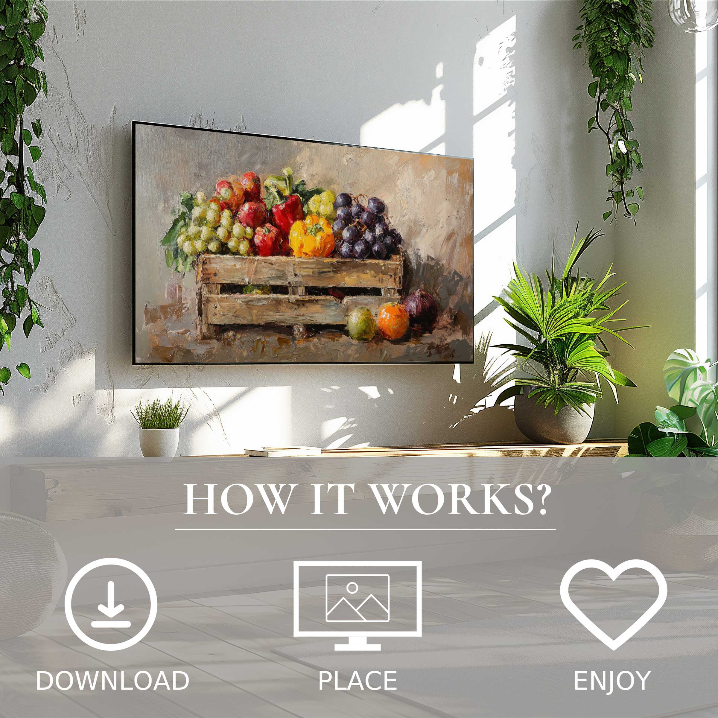 Farmhouse art for Samsung TV shows warm fruit still life; easy digital download enriches your modern living space
