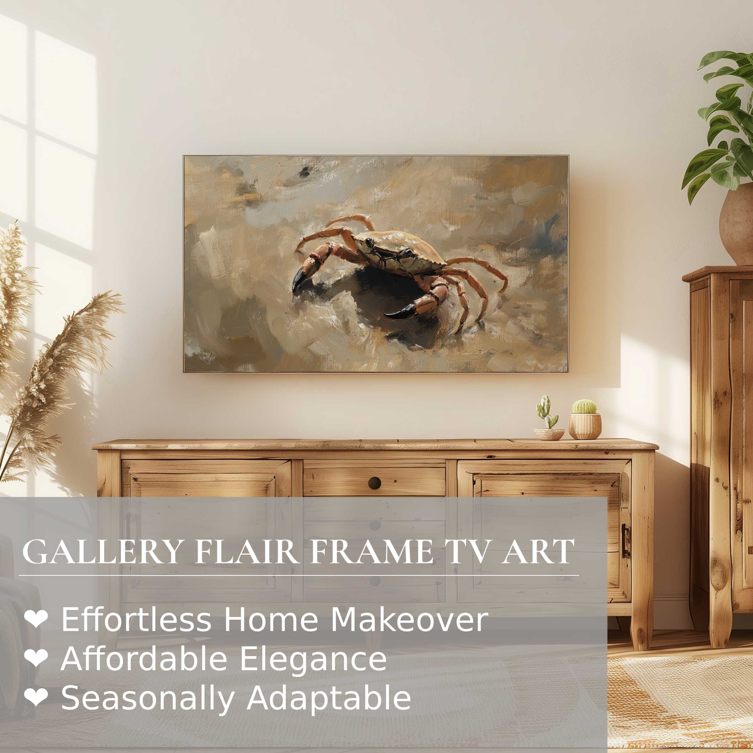 Samsung Frame TV showcasing a refined beach digital artwork of a crab in a warm, modern living room setting