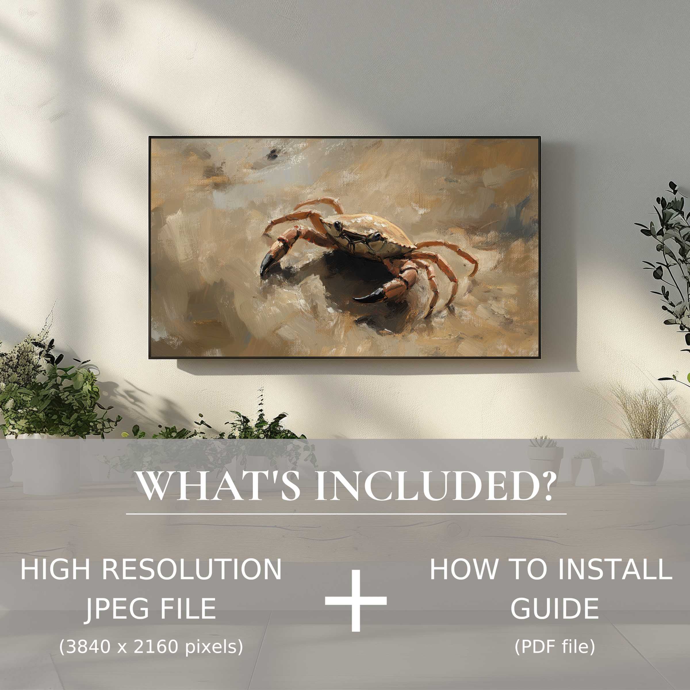 Elegant beach digital TV art download featuring a serene crab painting to elevate your living space with ease