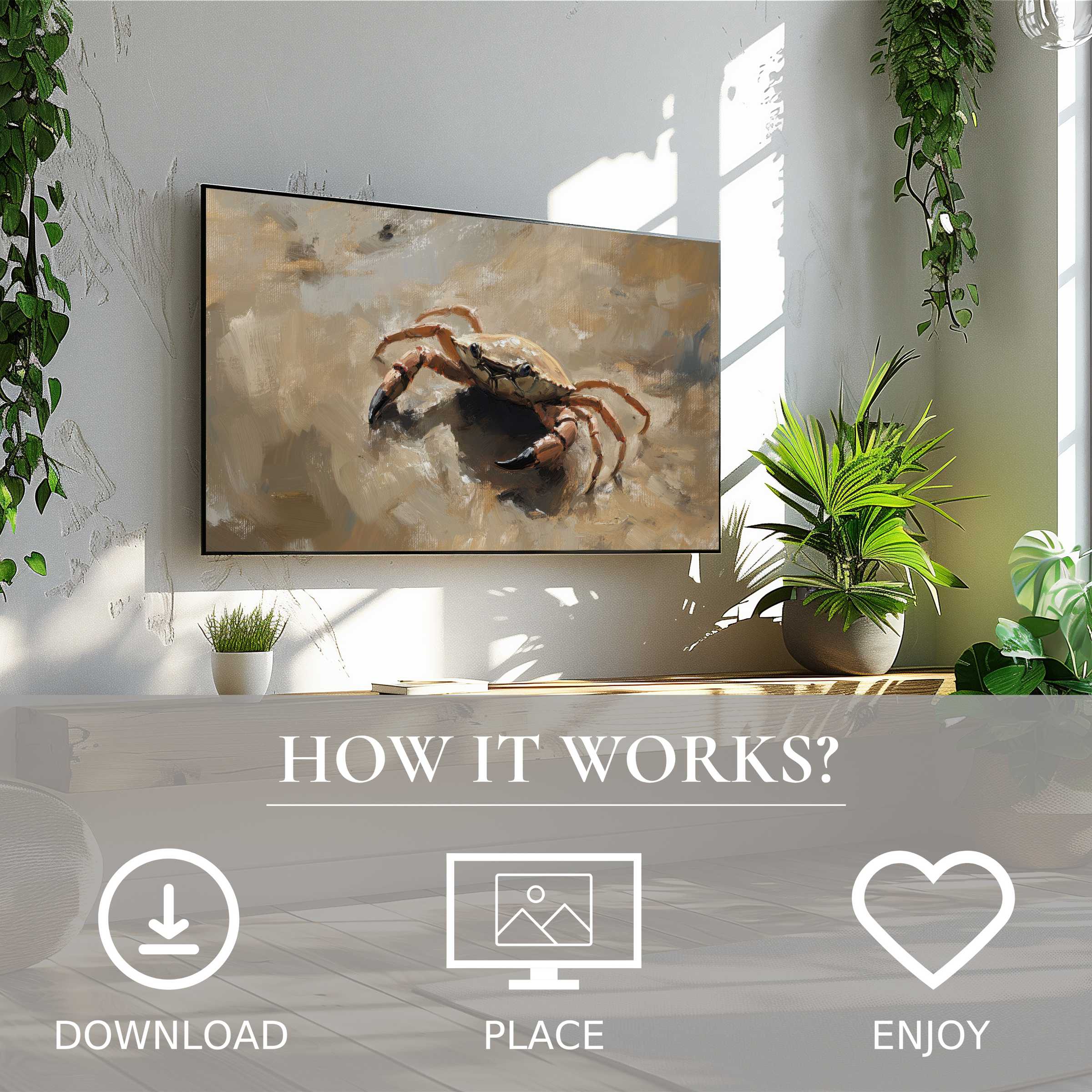 Modern living room with a crab motif in soft sandy tones; easy digital download beach art for Samsung TV enriches space
