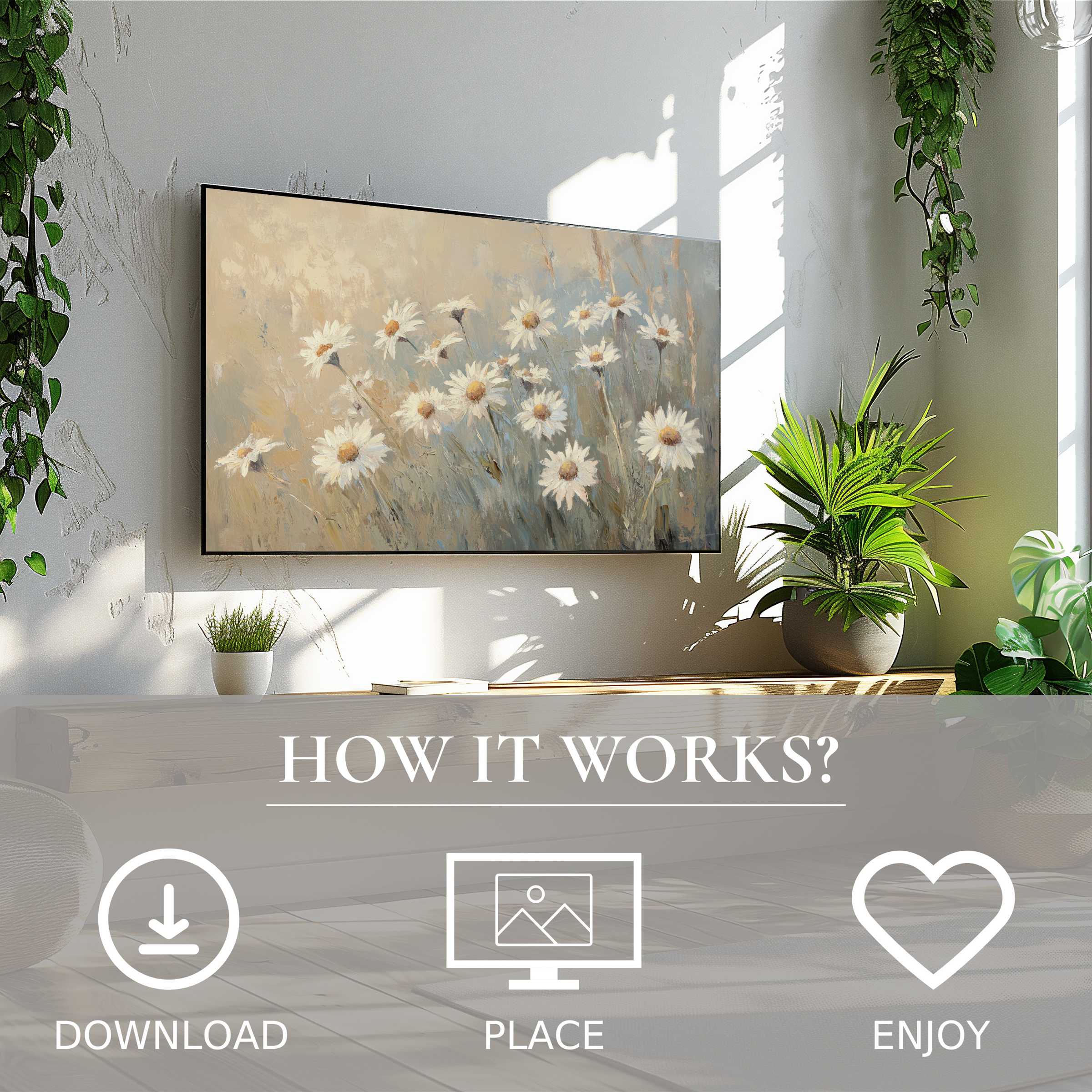 Botanical art for Samsung TV featuring soft neutral daisies, easy digital download enriches modern living spaces