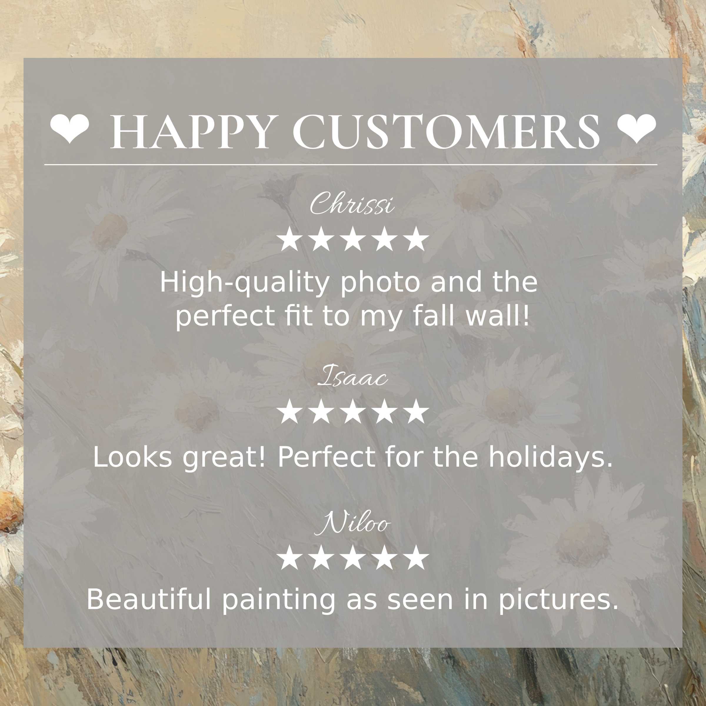 Botanical art for Frame TV with abstract floral background, highlighting reviews from happy customers and refined style