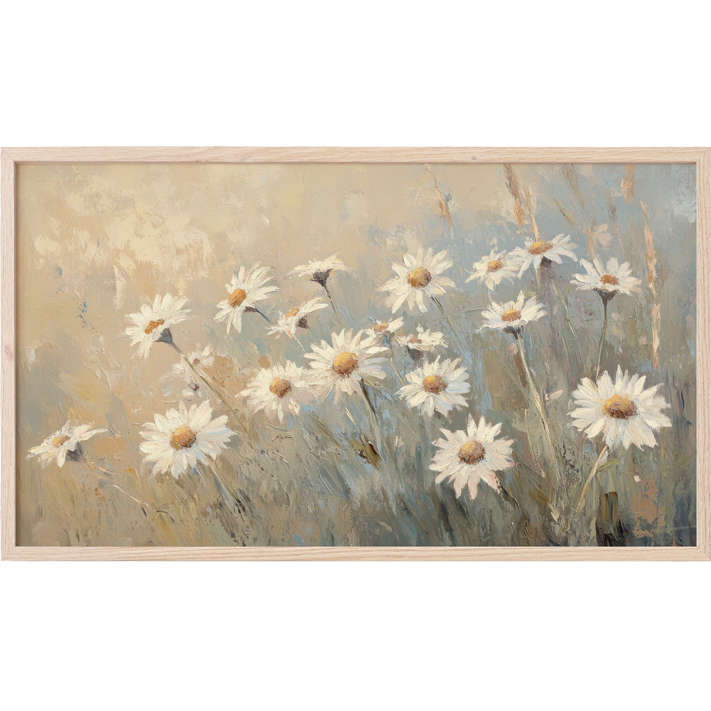 Soft white daisies in muted beige and blue tones evoke calm in this botanical Frame TV Art with impressionist style