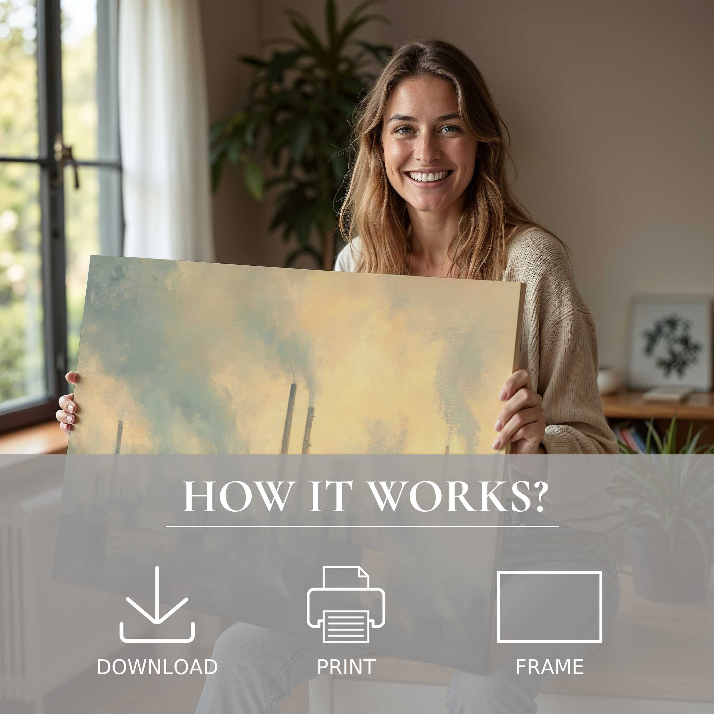 A woman radiant with joy reveals an urban digital art print in soft, muted tones, enhancing her serene modern living space