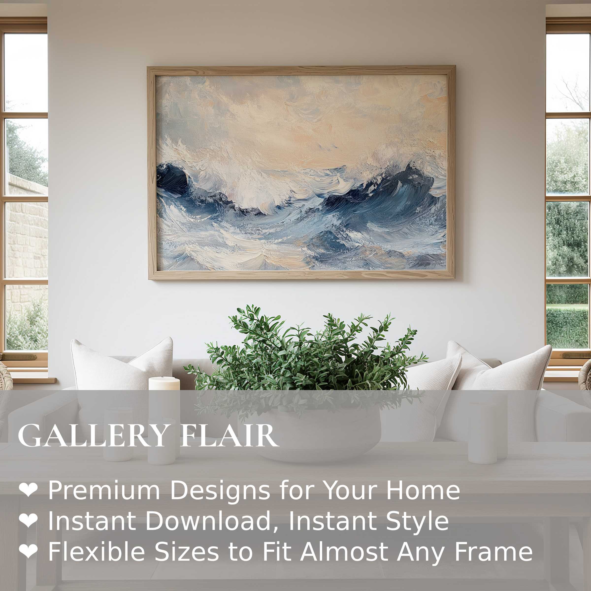 Coastal wall art print with serene ocean waves in soft blues and neutrals, enhancing minimalist, modern living spaces with calming elegance