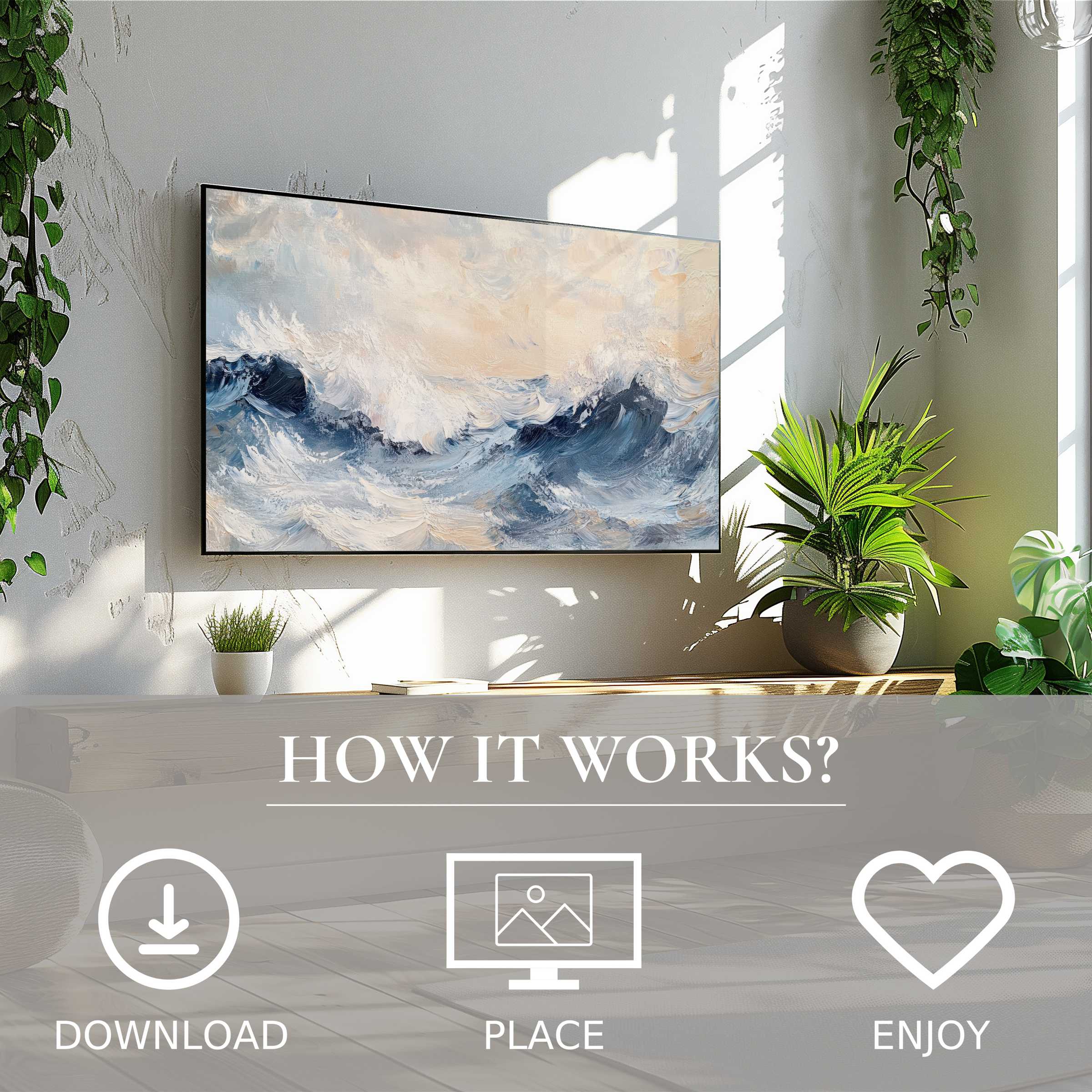 Coastal art for Samsung TV with soft blue wave flow, easy digital download, perfect for enhancing modern living spaces