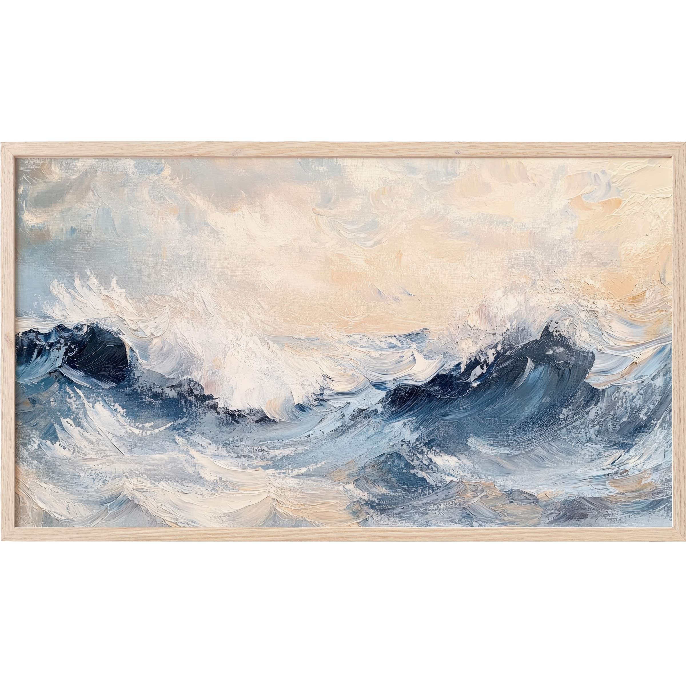 Coastal Frame TV Art featuring dynamic waves in blue and cream tones with textured, modern brushstrokes