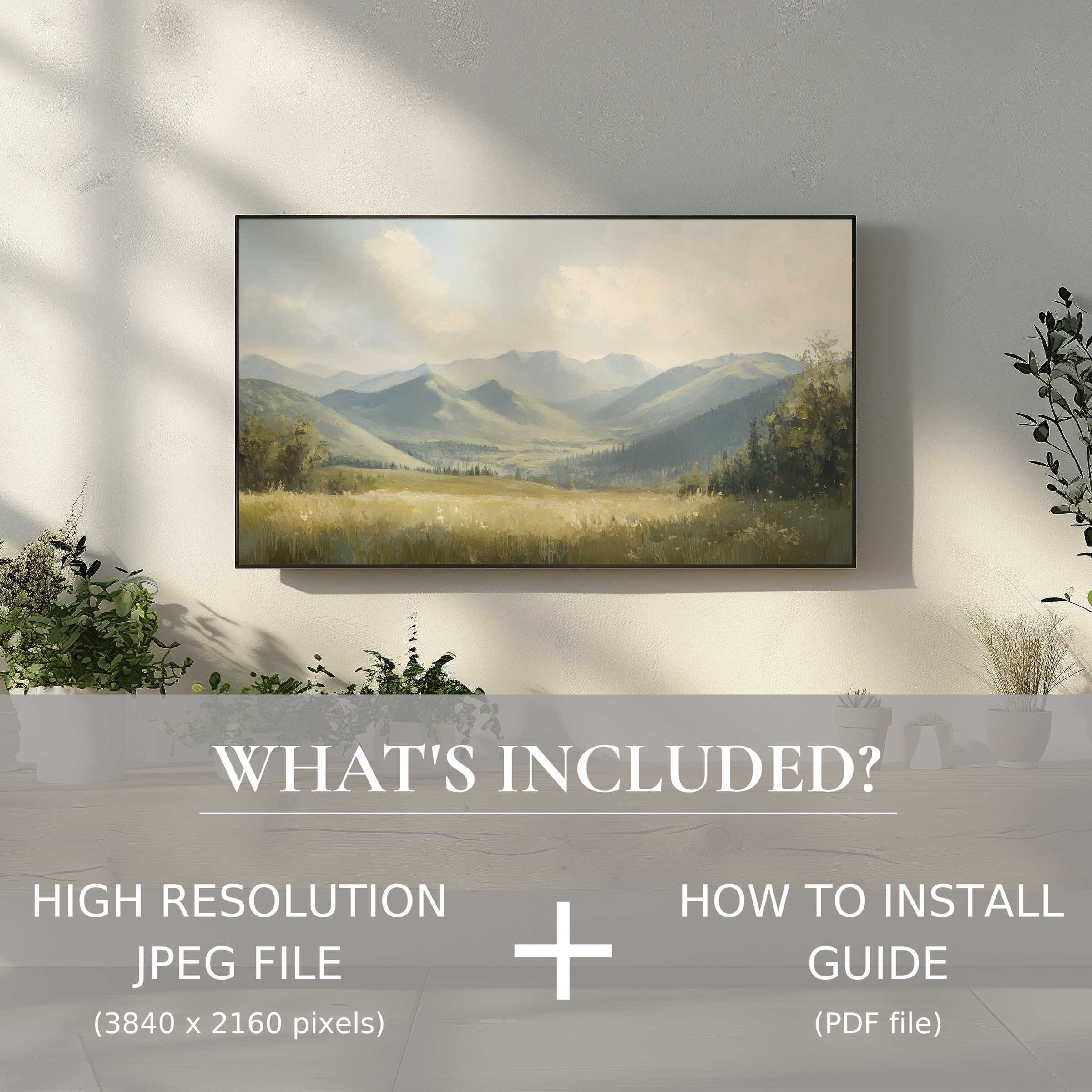 Elegant summer digital TV art download enhances living spaces with easy digital use, showcasing serene mountain landscapes