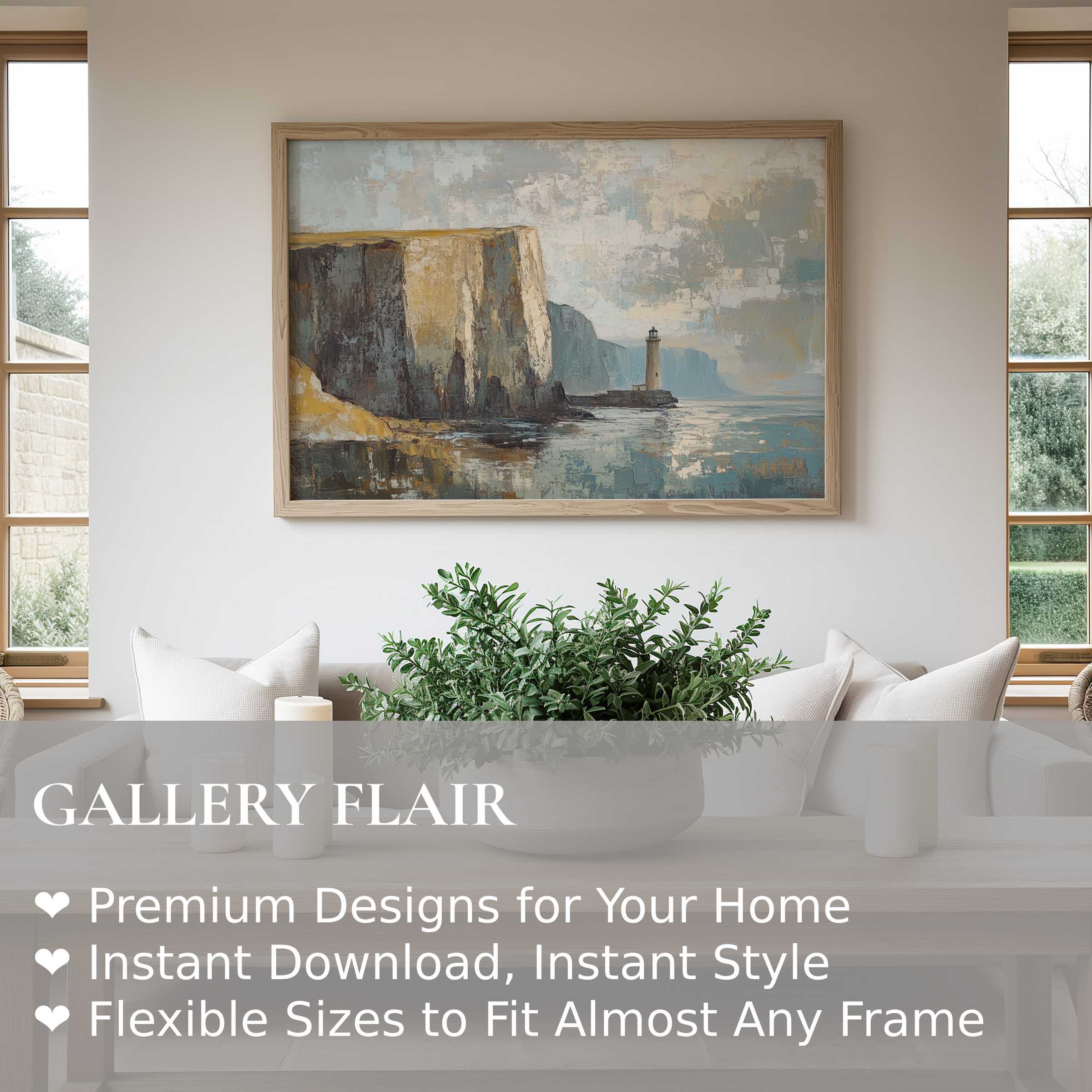 Vintage wall art print of a serene coastal lighthouse scene, blending soft blues and earth tones to elevate modern, minimalist interiors with calming, timeless elegance