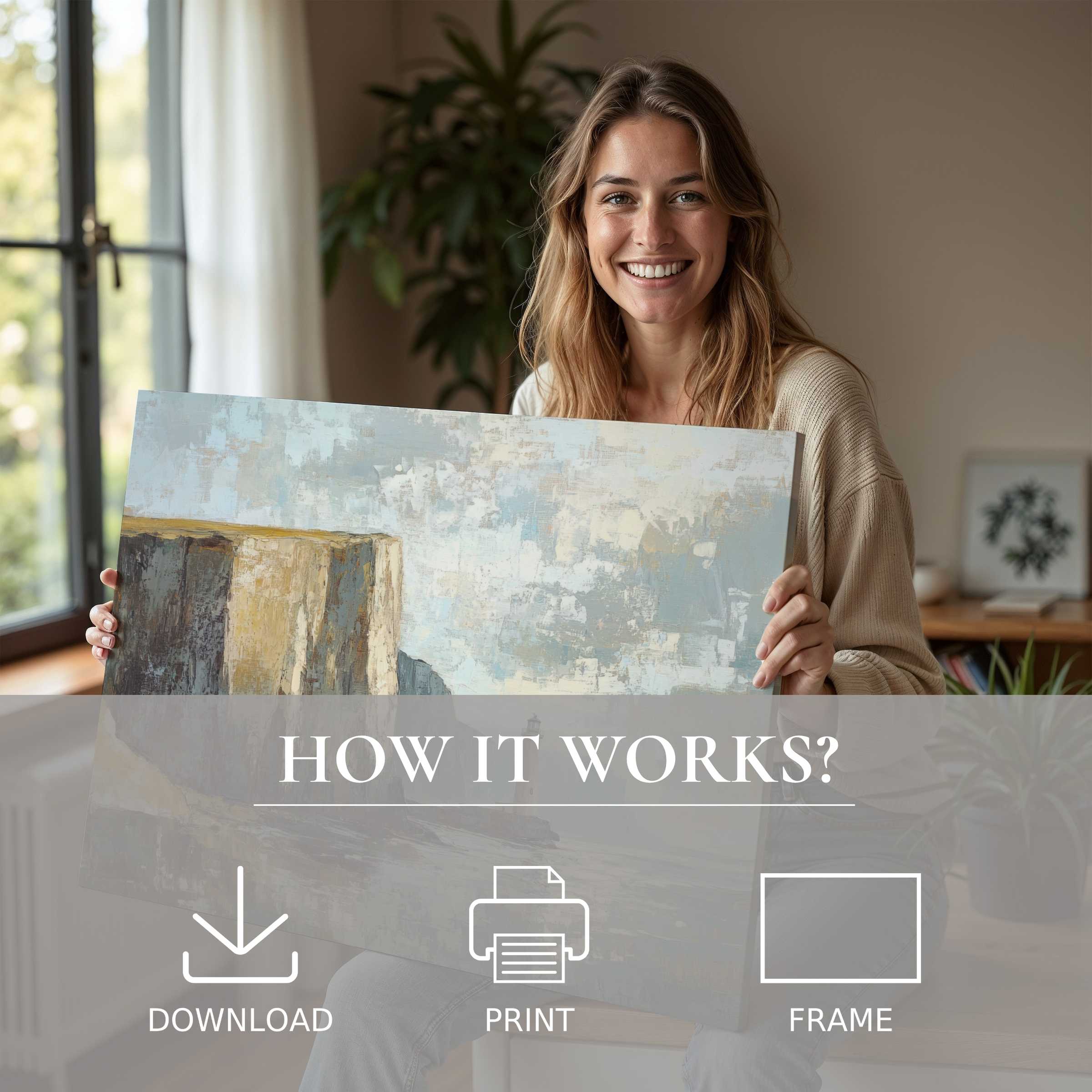 A serene moment of connection as a woman embraces the timeless elegance of a vintage digital art print, enriching her modern home with effortless beauty and joy