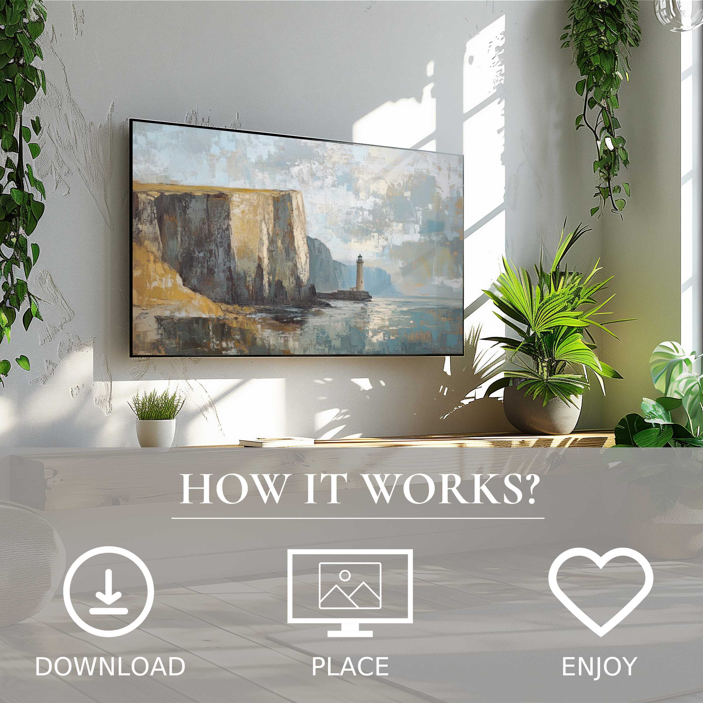 Vintage art for Samsung TV showing a serene lighthouse scene in soft tones, easy digital download enriches space