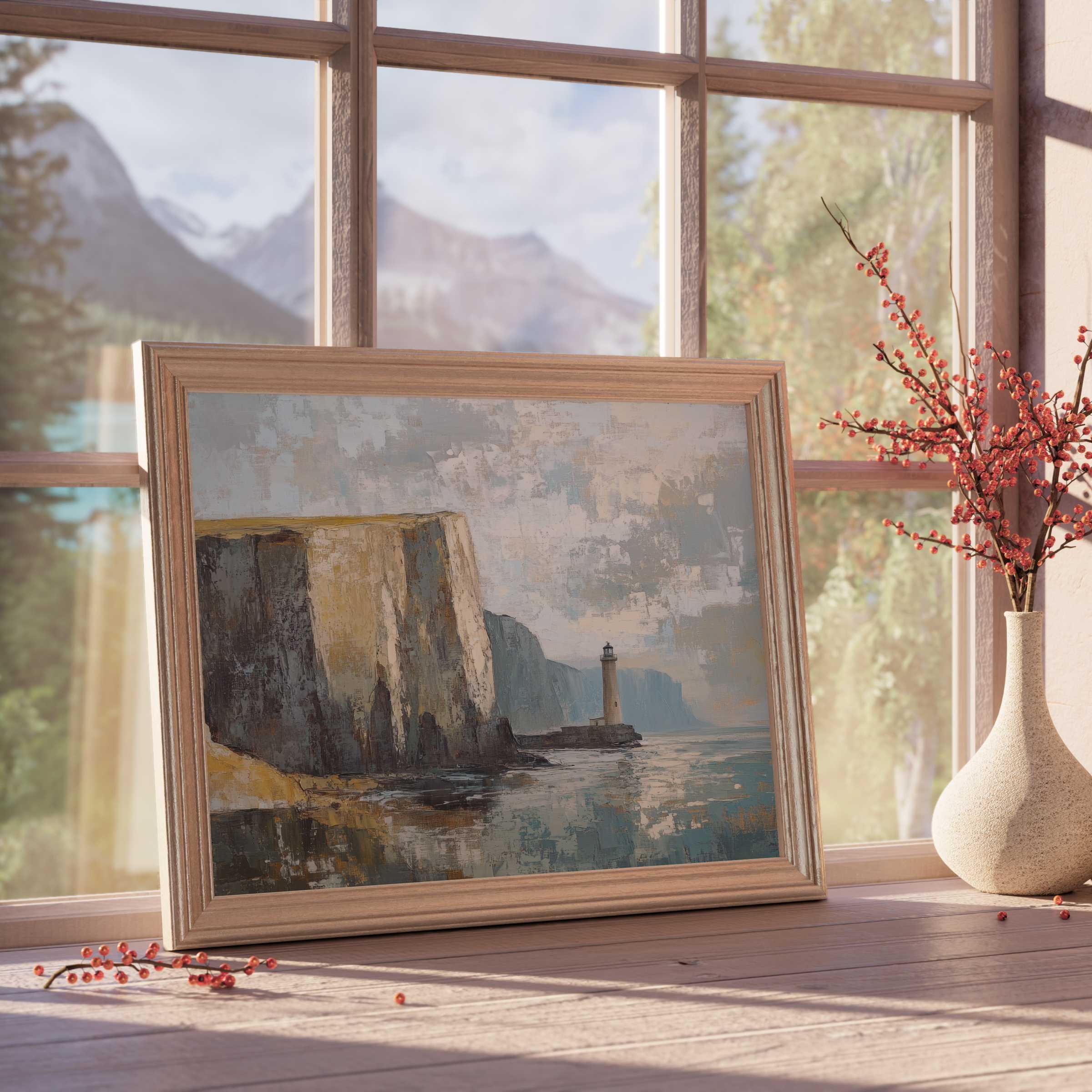 Vintage downloadable art depicting serene coastal cliffs and a lighthouse, evoking calm elegance for curated, design-forward interiors