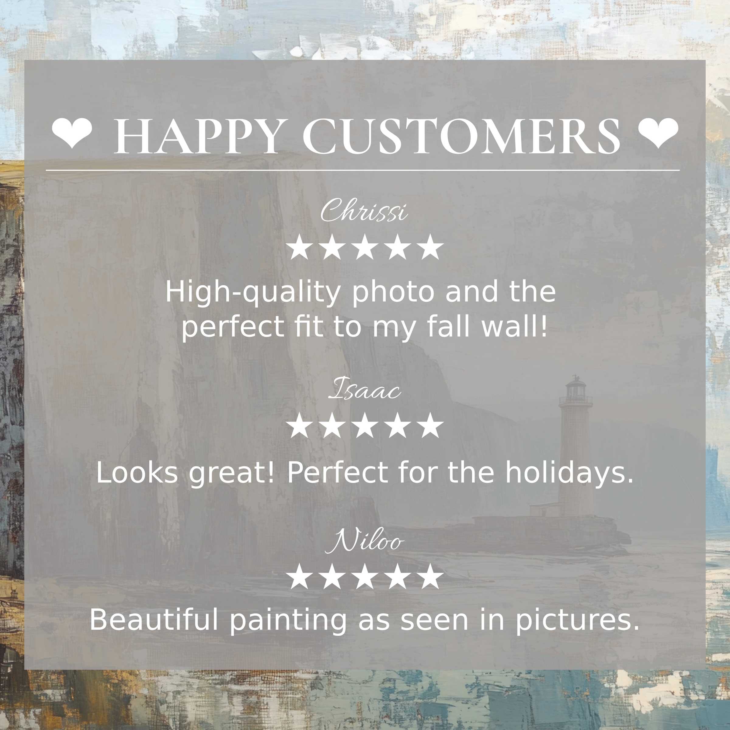 Vintage art for Frame TV with serene lighthouse backdrop, showcasing happy customer reviews to inspire trust and elegance