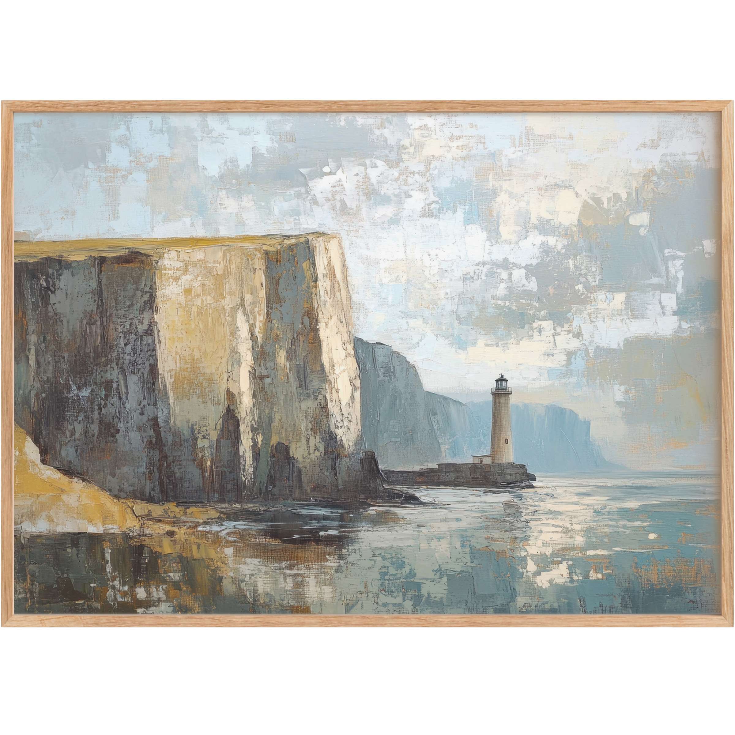 Vintage printable wall art capturing serene coastal cliffs with a soft lighthouse glow, evoking calming blues and warm earth tones