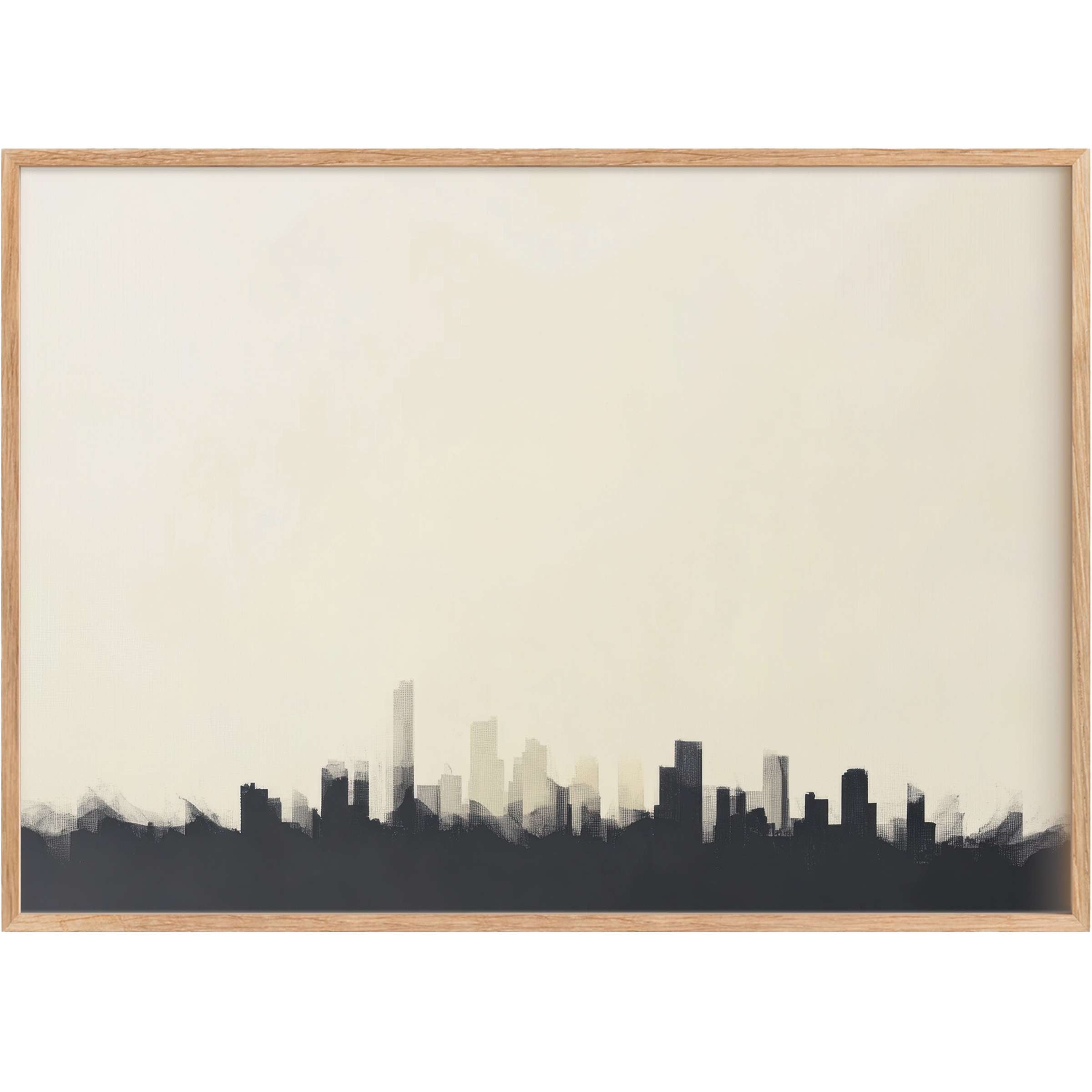 Sophisticated minimalist printable wall art captures an abstract cityscape in muted blacks and soft creams, evoking serene urban elegance