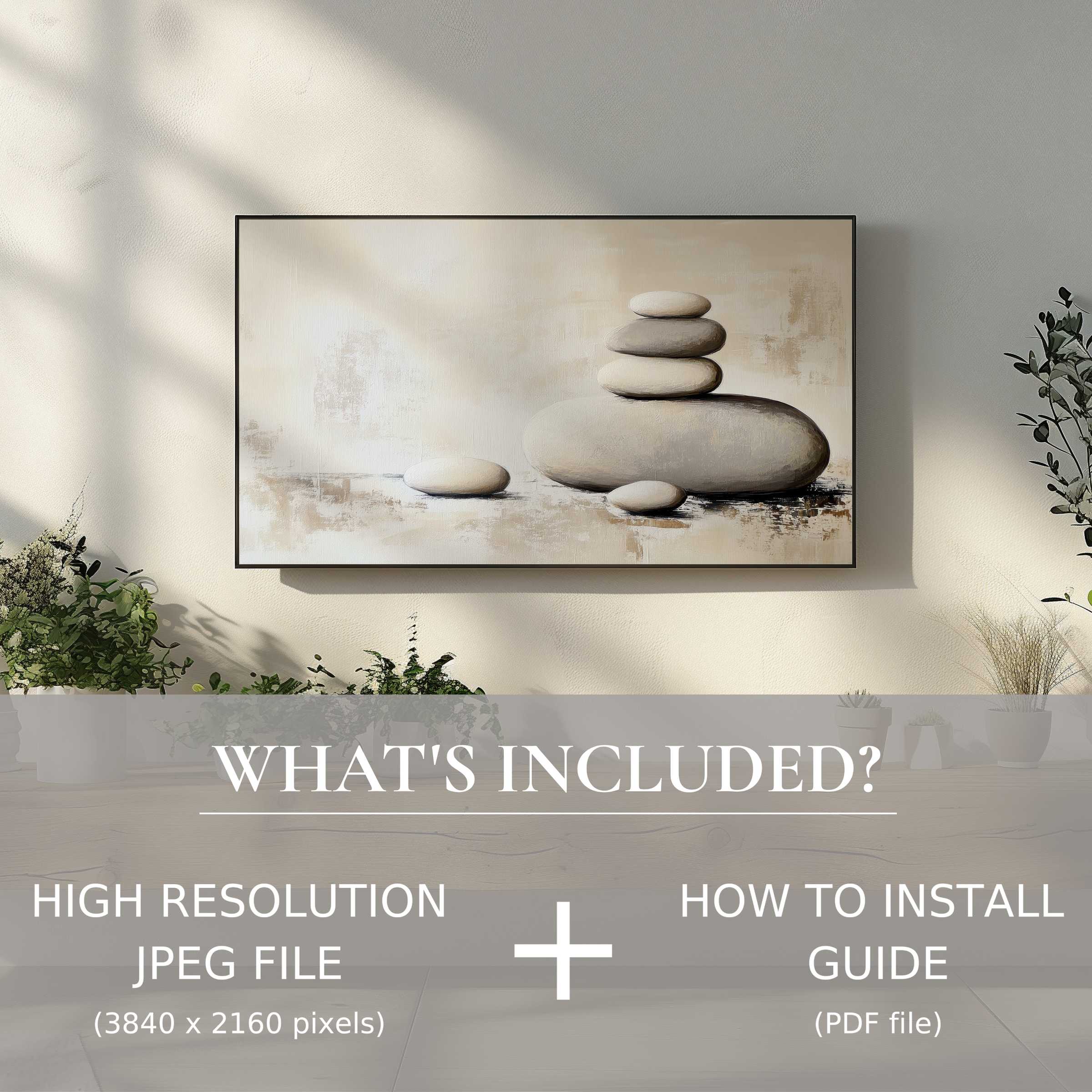Elegant living room featuring neutral digital TV art download of balanced stones, enhancing décor with easy digital use