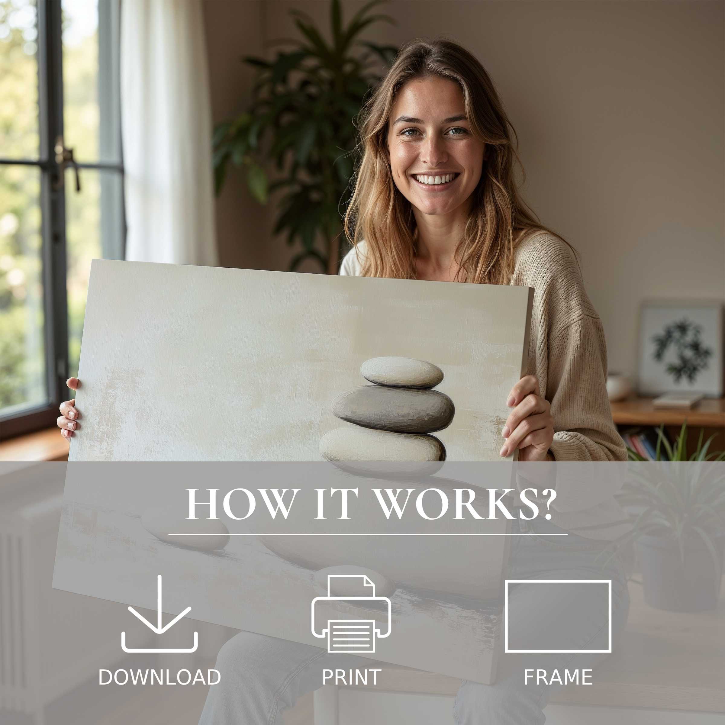 Smiling woman in a serene modern home reveals a neutral digital art print, embodying joy and the effortless artful lifestyle