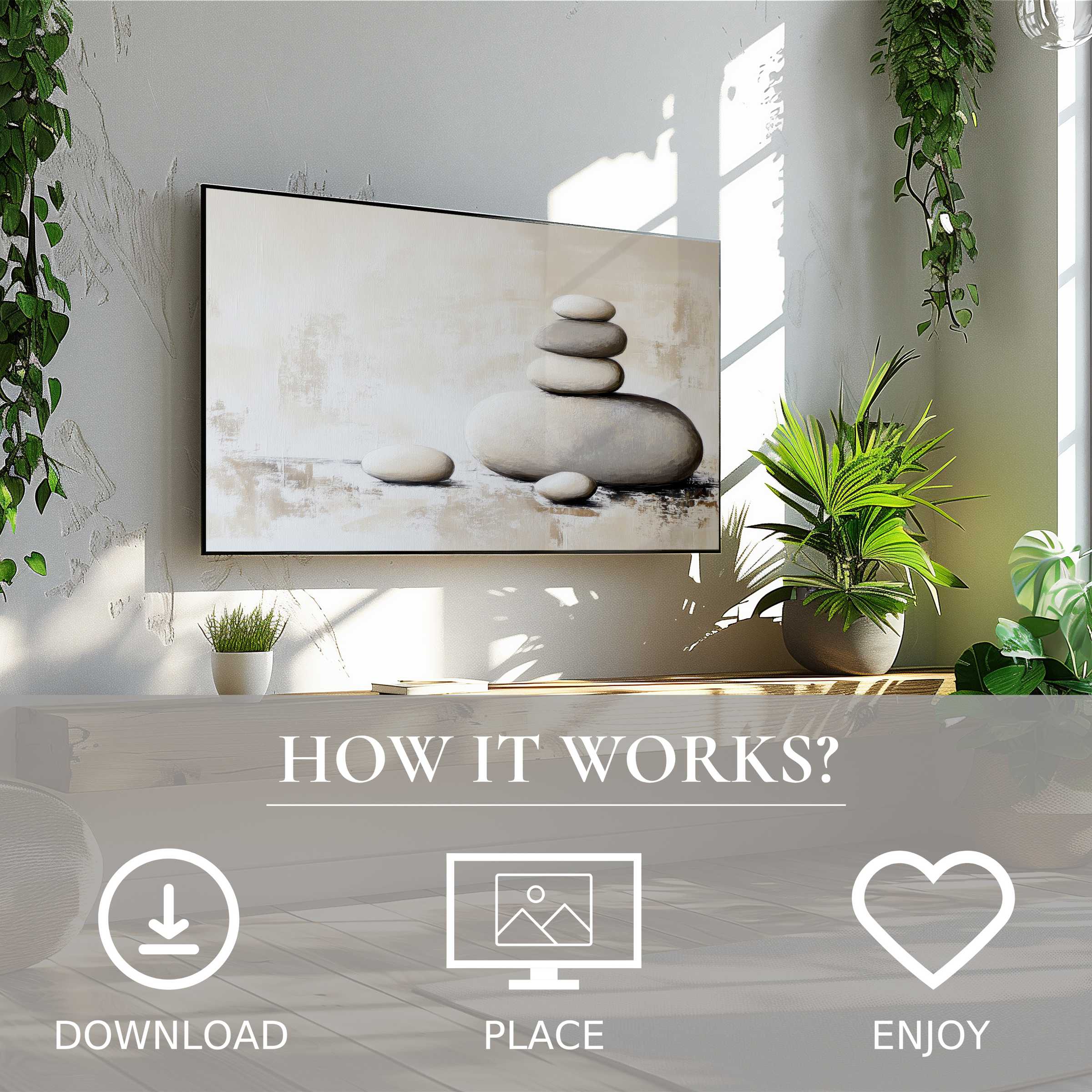 Neutral art for Samsung TV shows balanced stone motif in soft beige tones, easy digital download to elevate living spaces