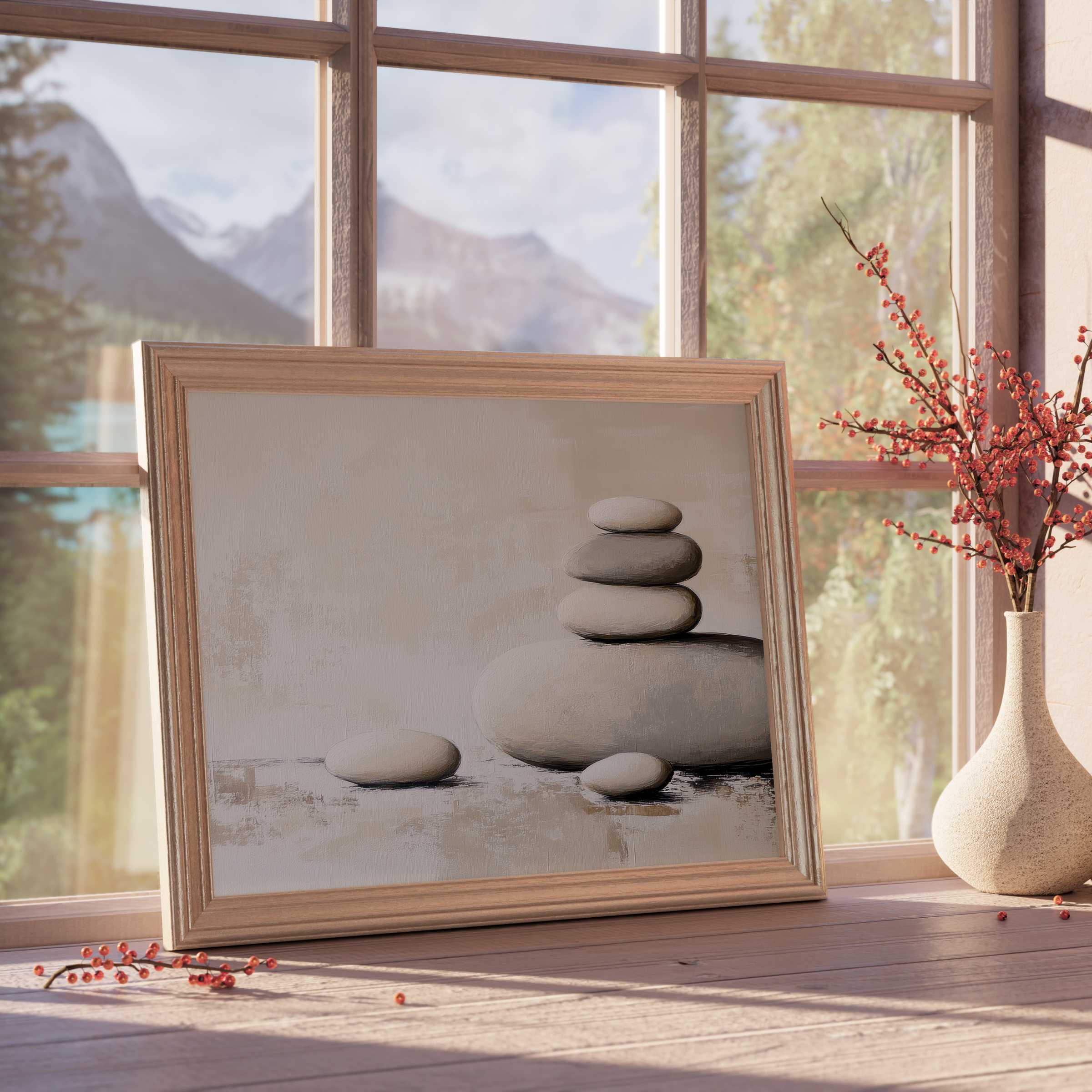 Serene neutral downloadable art featuring balanced stones in soft taupes, enhancing tranquil, curated interiors with elegant, natural harmony
