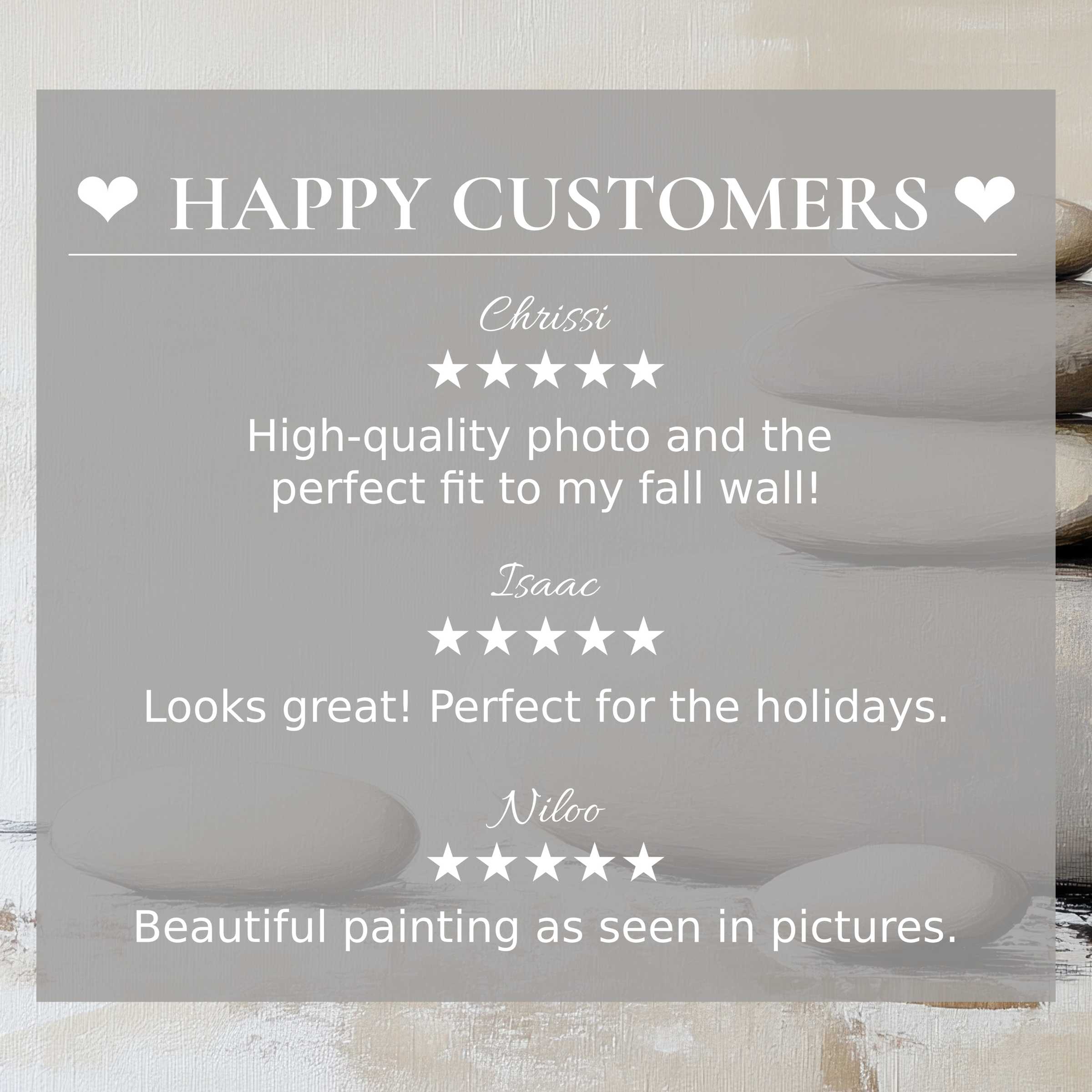 Neutral art for Frame TV with soft stones background, showcasing happy customer reviews and elegant trust-building design