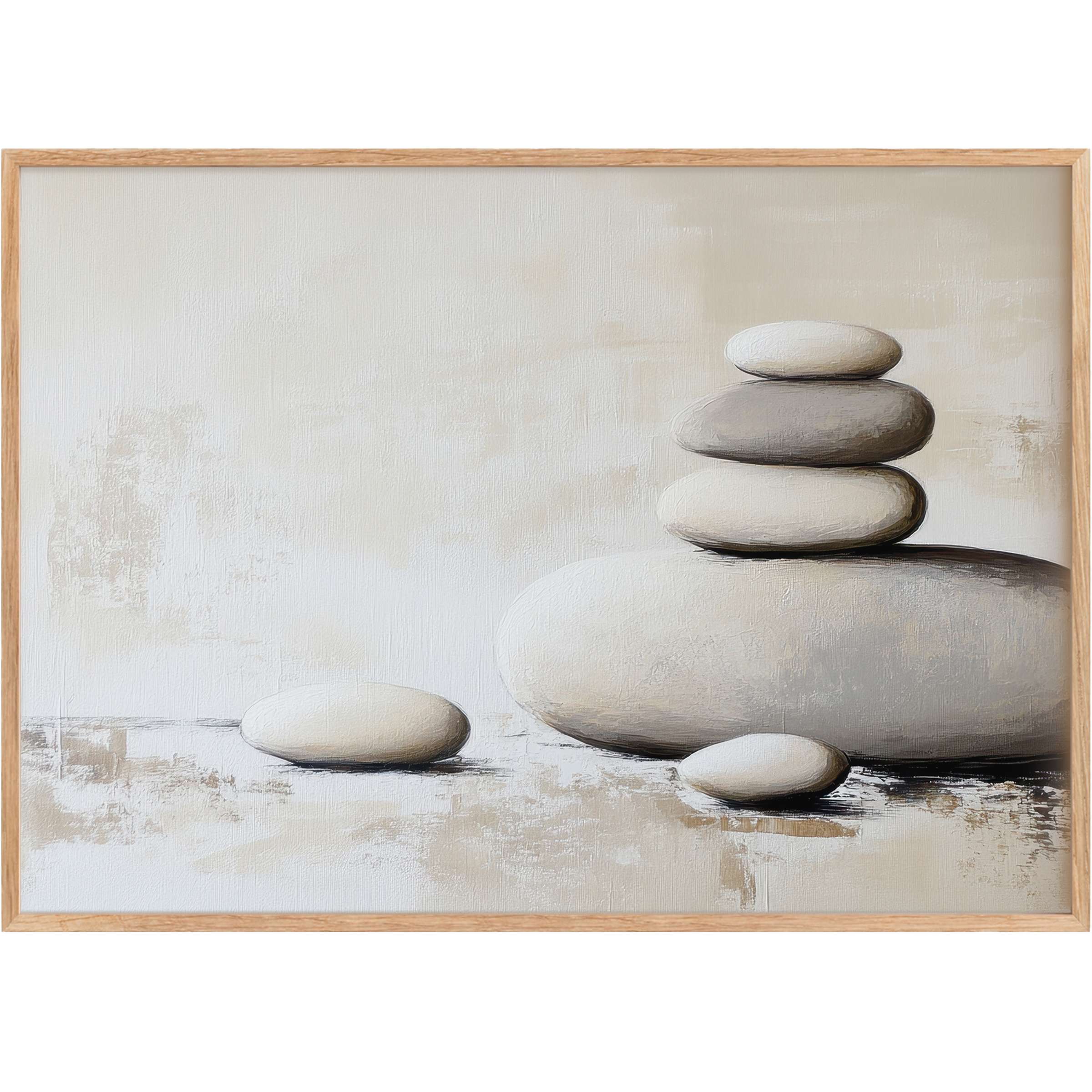 Neutral printable wall art featuring smooth, stacked stones in soft beige and taupe hues, evoking a calming, balanced ambiance