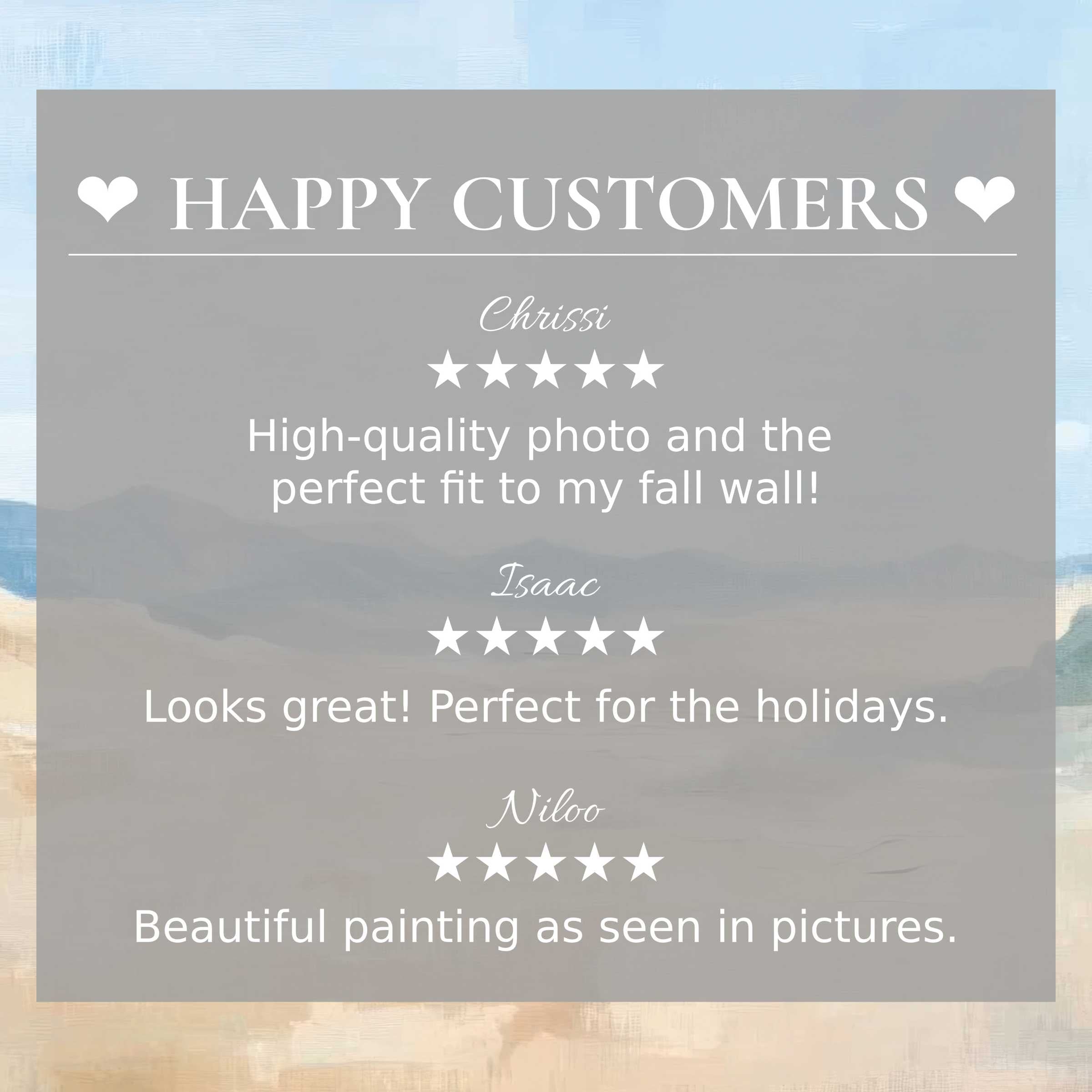Elegant landscape art for Frame TV with soft horizon hues, showcasing glowing reviews and a happy customer