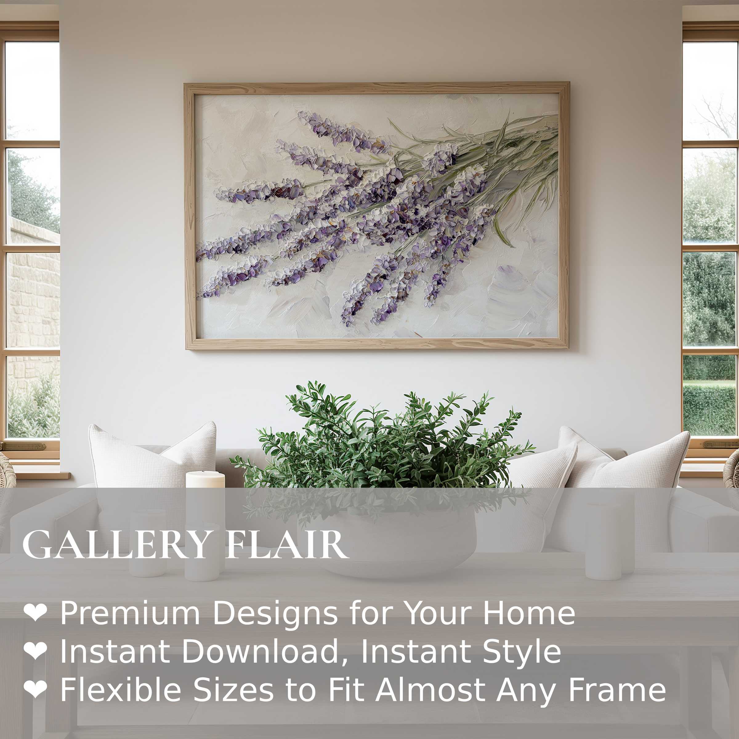 Elegant spring wall art print featuring soft lavender blooms in textured strokes, enhancing serene, modern farmhouse interiors with calming botanical charm