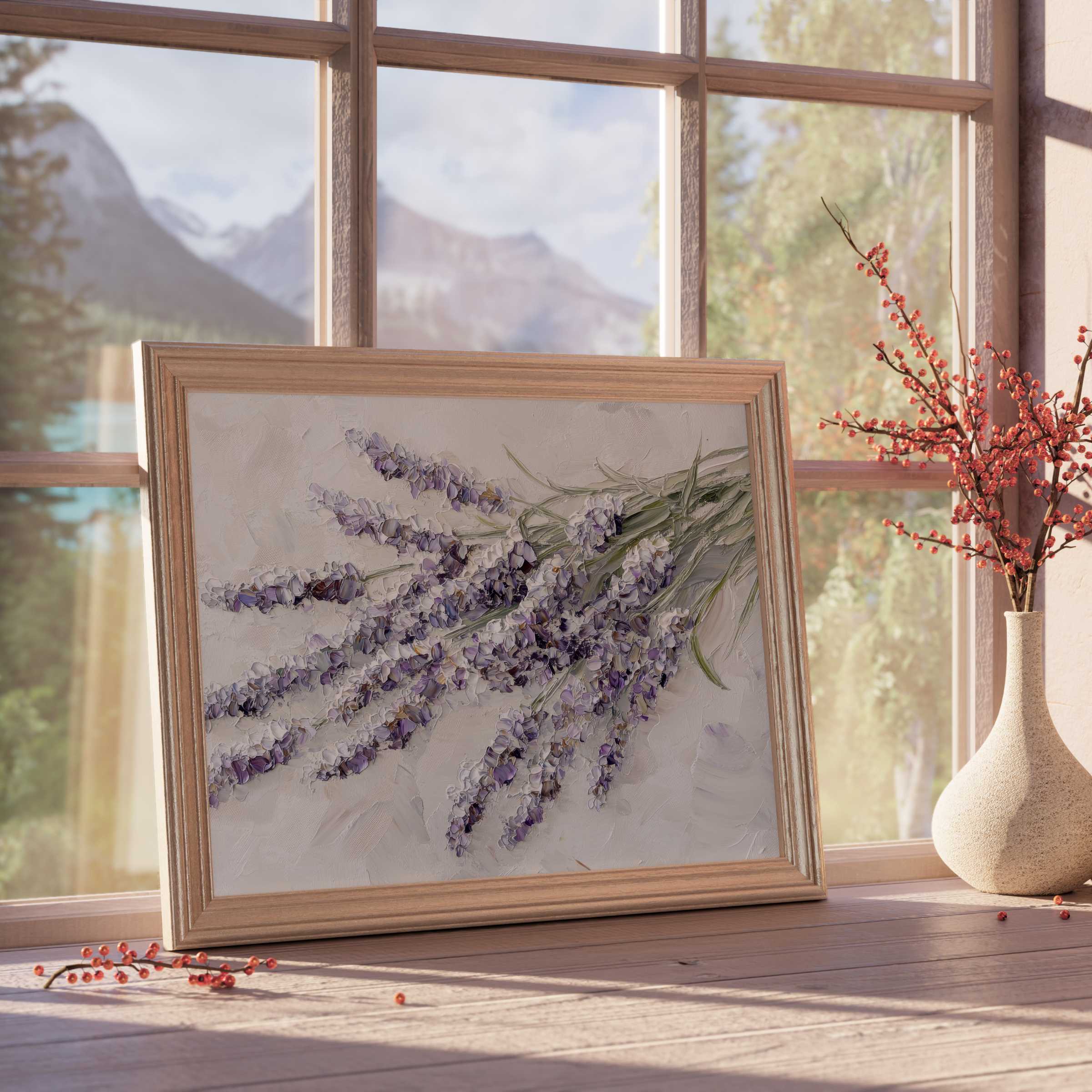 Elegant spring downloadable art of textured lavender sprigs in natural wood frame, enhancing serene, design-forward interiors with calm, botanical charm