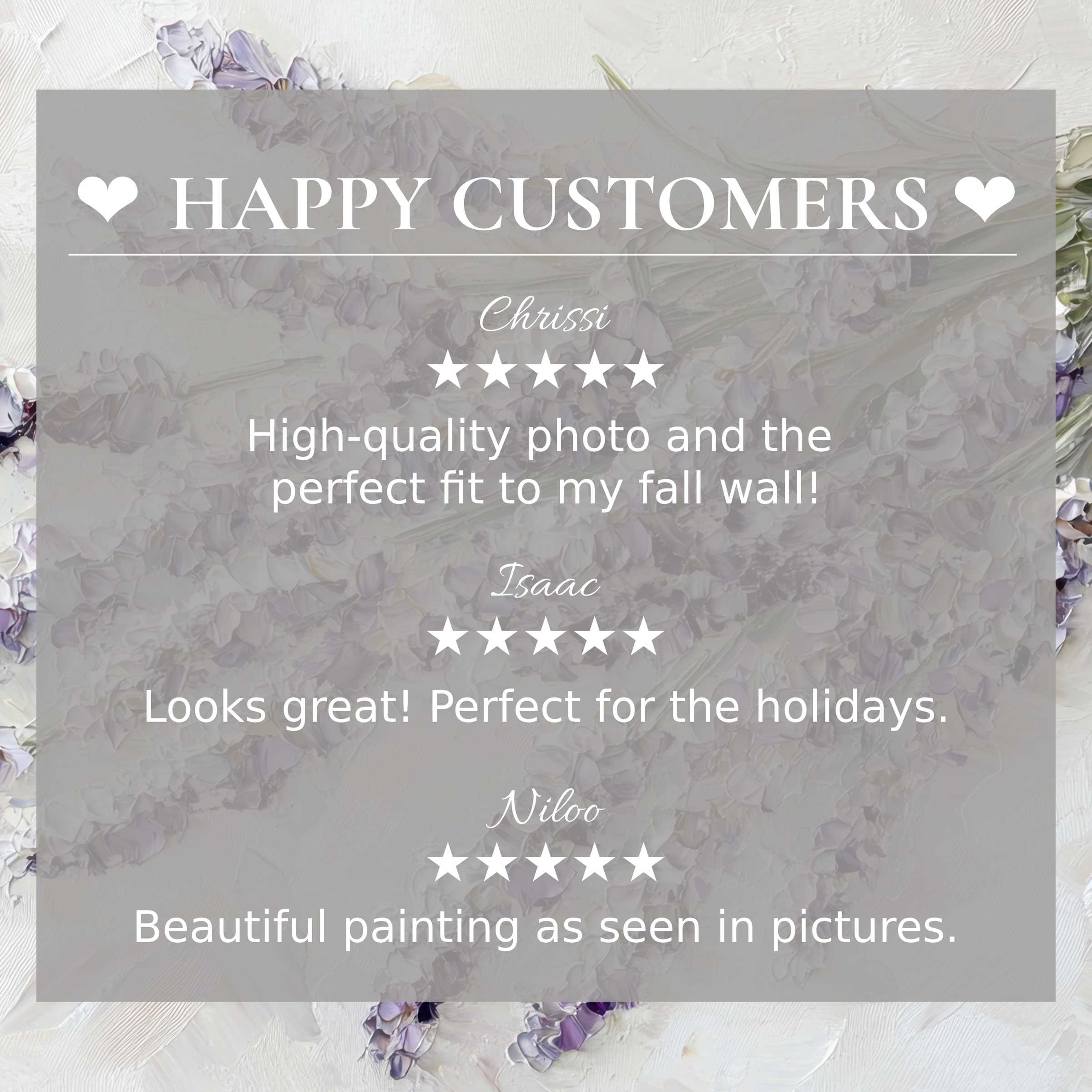 Elegant spring art for Frame TV with soft lilac floral background and glowing happy customer reviews
