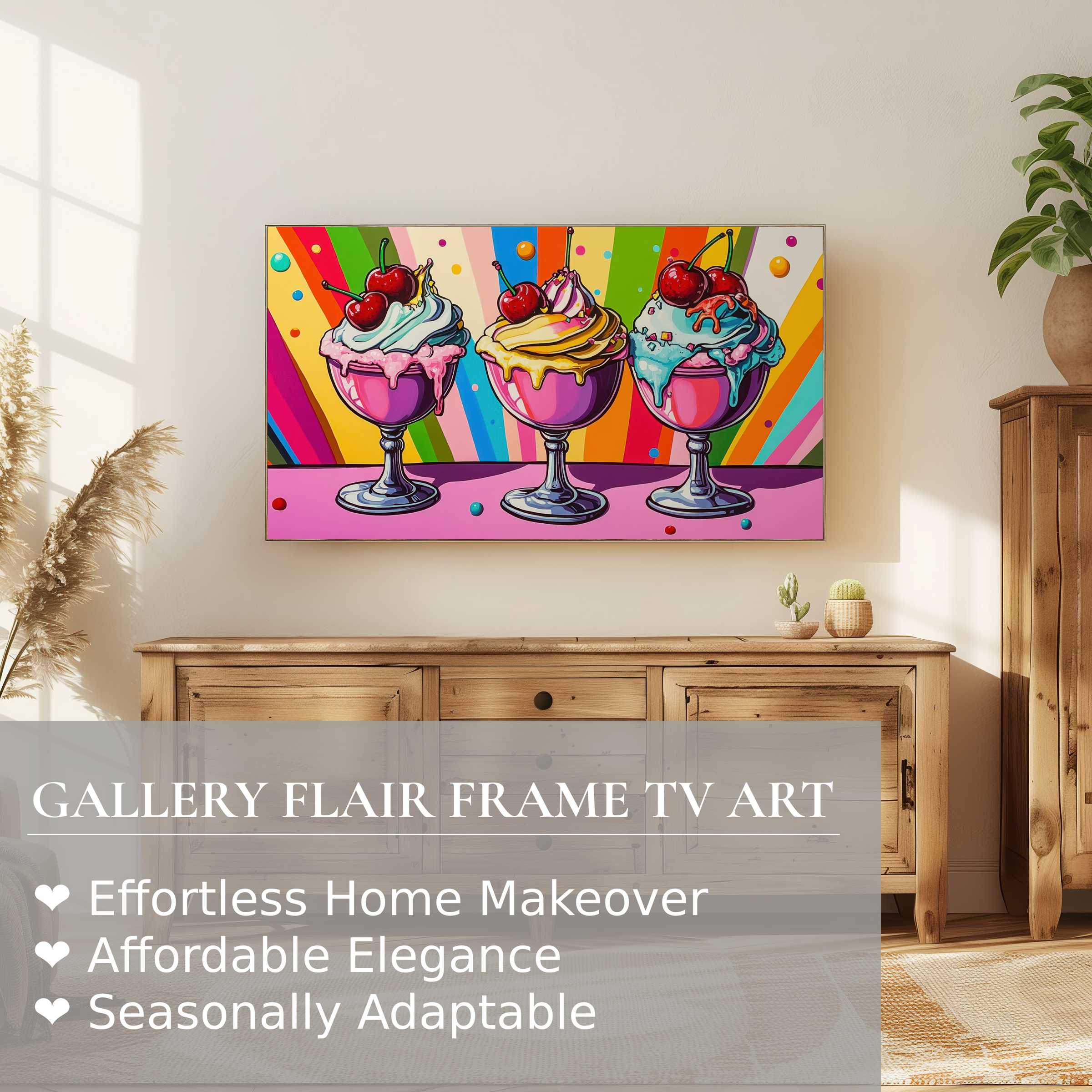 Samsung Frame TV displays vibrant pop art digital artwork of colorful ice cream sundaes in a stylish living space