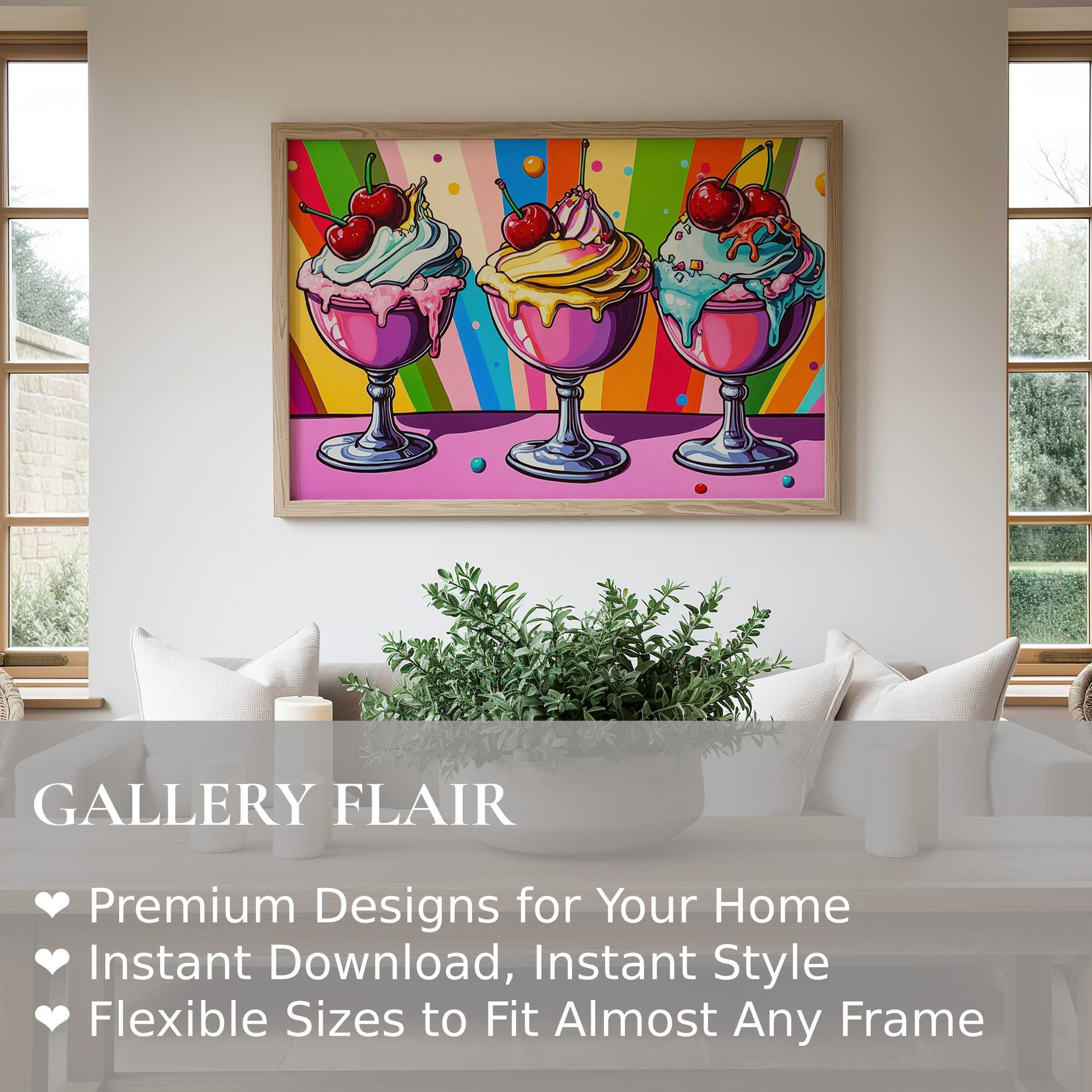 Vibrant pop art wall art print featuring whimsical ice cream sundaes in vivid hues, enriching modern minimalist spaces with bold, playful energy