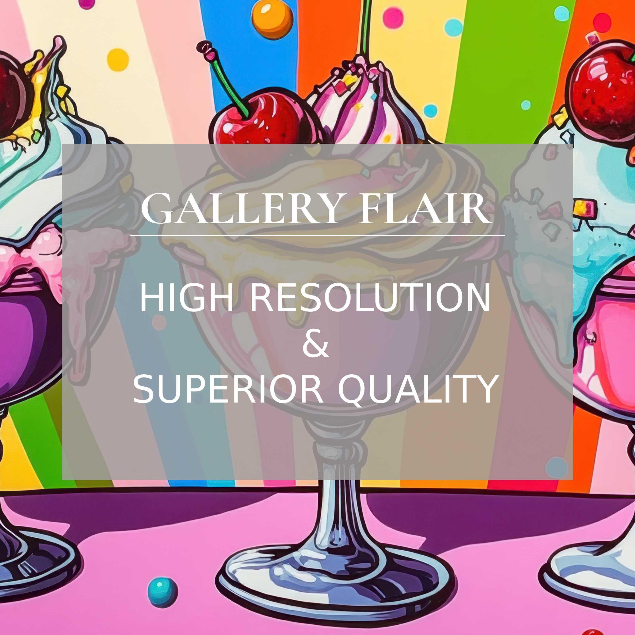 Vibrant pop art printable art featuring bold ice cream sundaes with cherries, enhancing modern interiors with radiant, premium detail