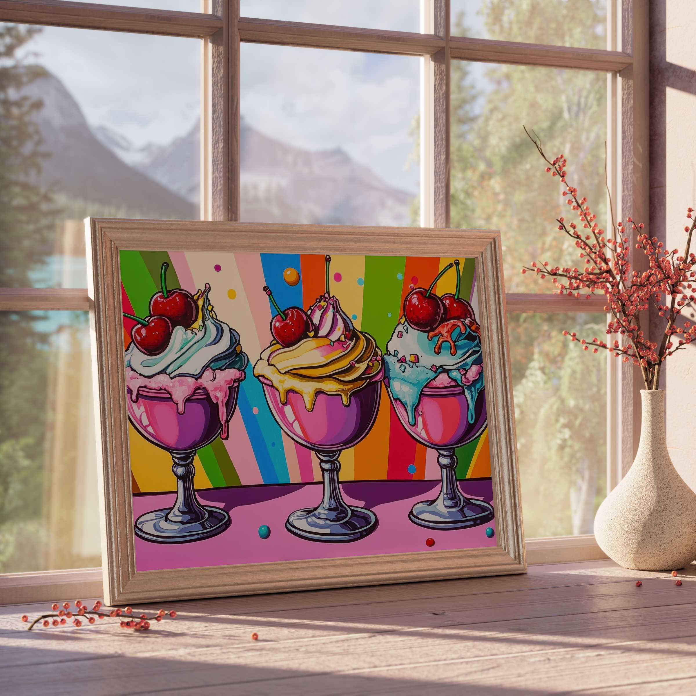 Vibrant pop art downloadable art featuring whimsical ice cream sundaes with cherries, igniting playful warmth in curated modern interiors