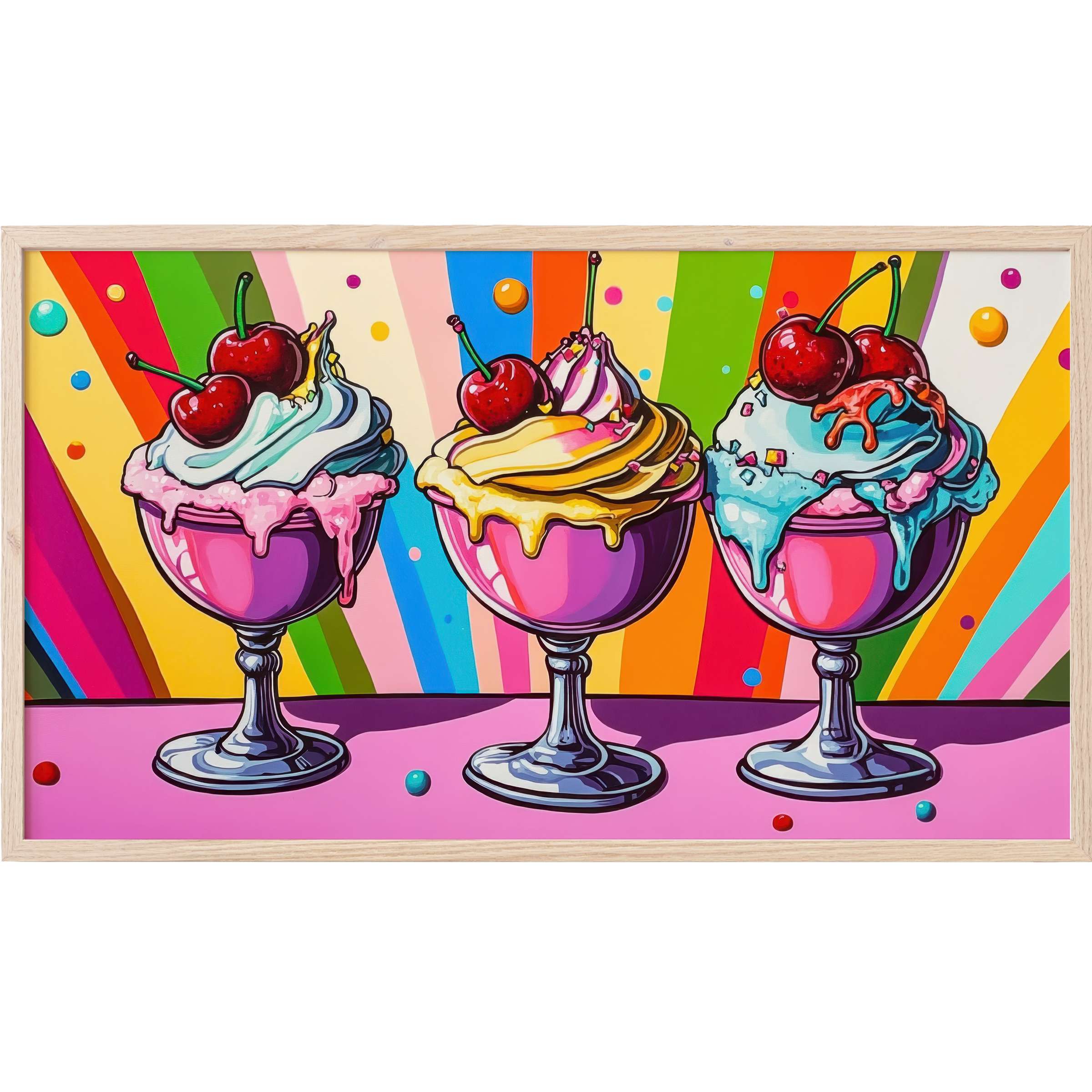Vibrant pop art Frame TV Art of three colorful ice cream sundaes with cherries, dripping textures, and a rainbow backdrop