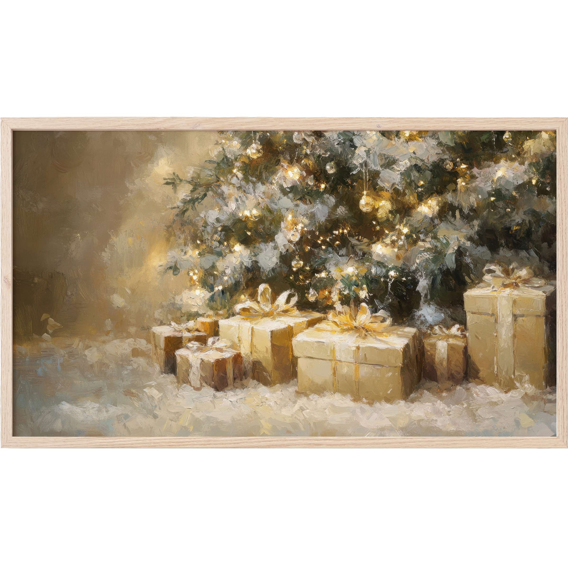Elegant christmas Frame TV Art depicting softly lit gifts under a glowing tree in muted gold and cream tones