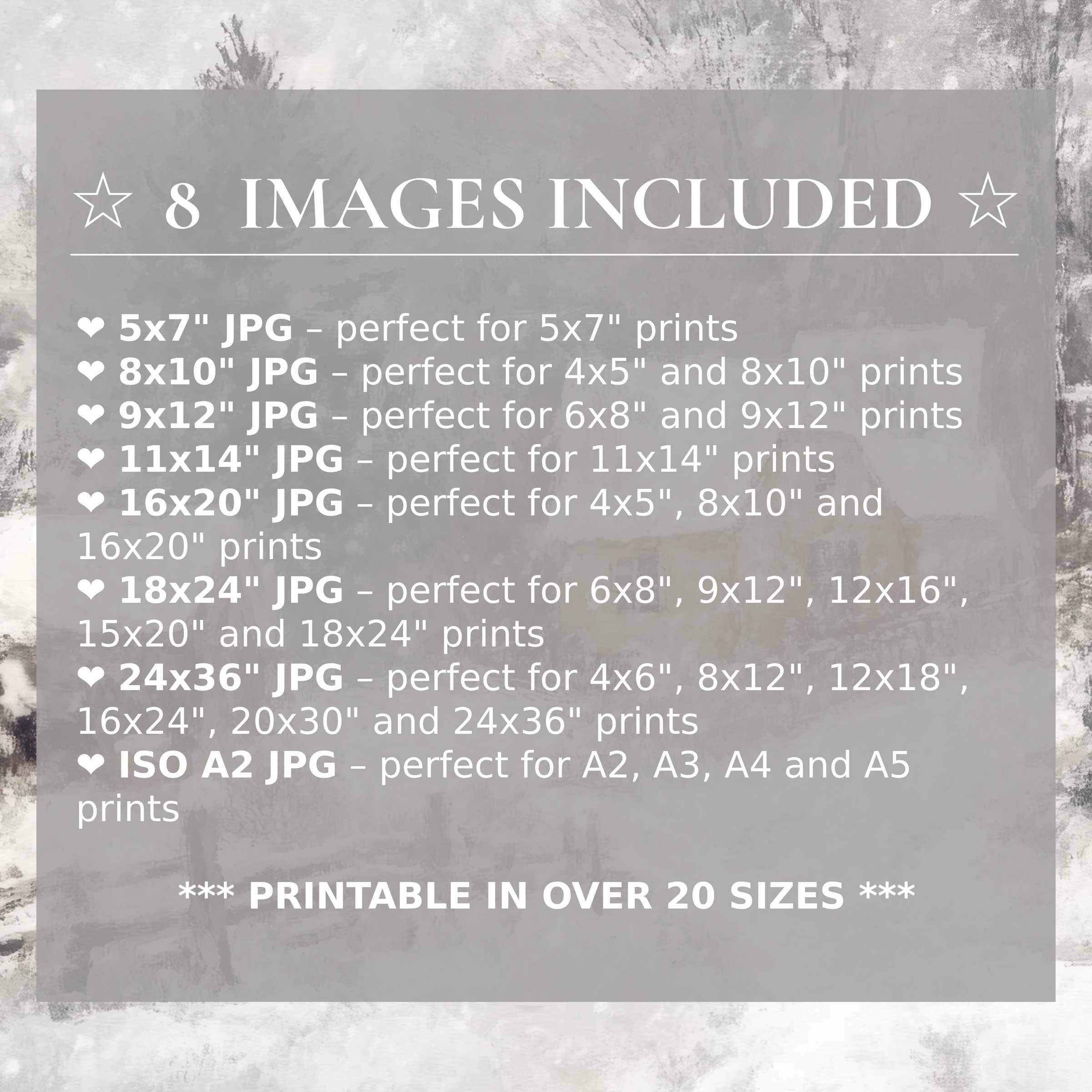 Winter digital print in serene gray and soft white hues, radiating calm sophistication; includes 8 high-quality sizes to effortlessly elevate modern interiors with versatile style