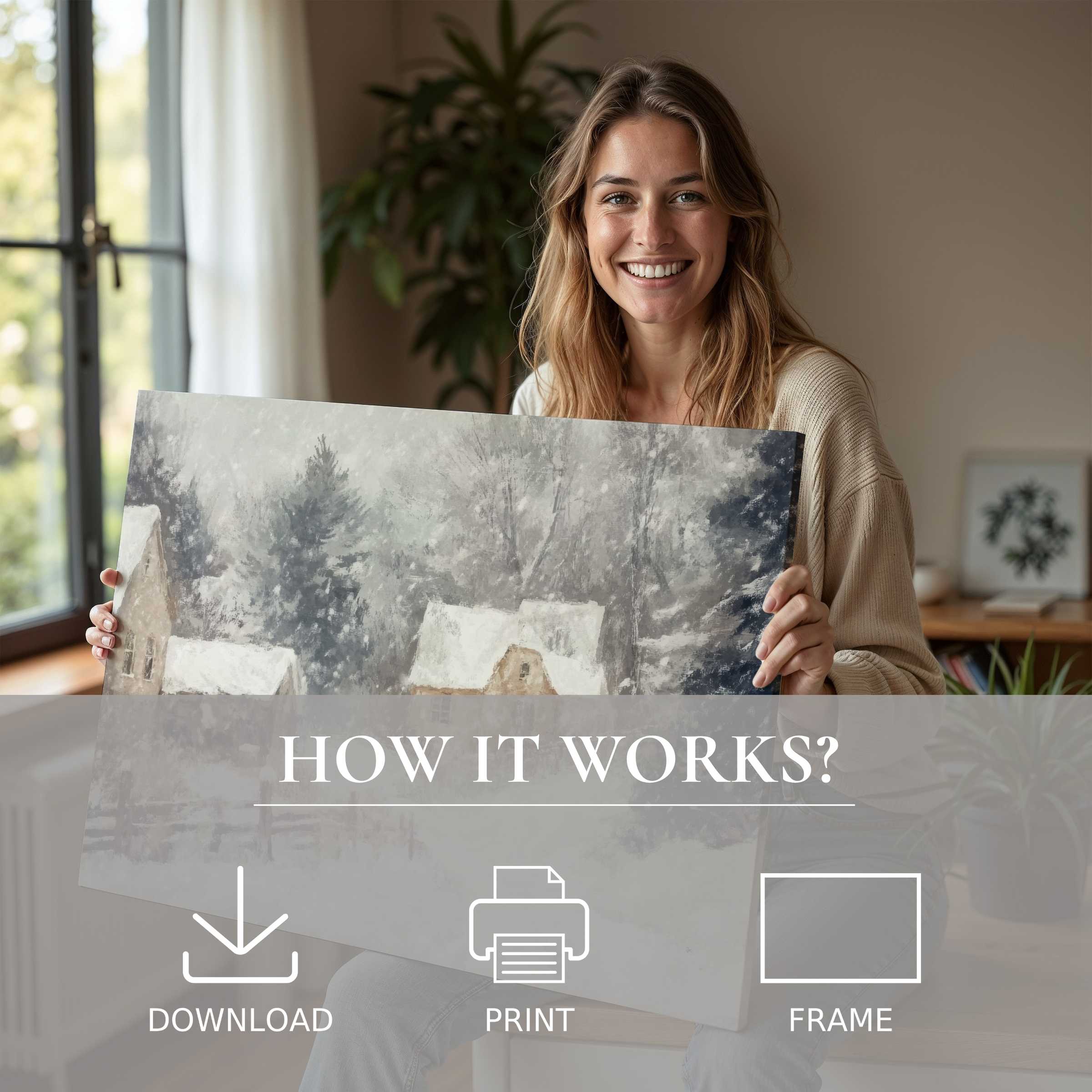 Radiant joy and effortless elegance unite as a woman reveals a winter digital art print, inviting serene warmth into a modern home